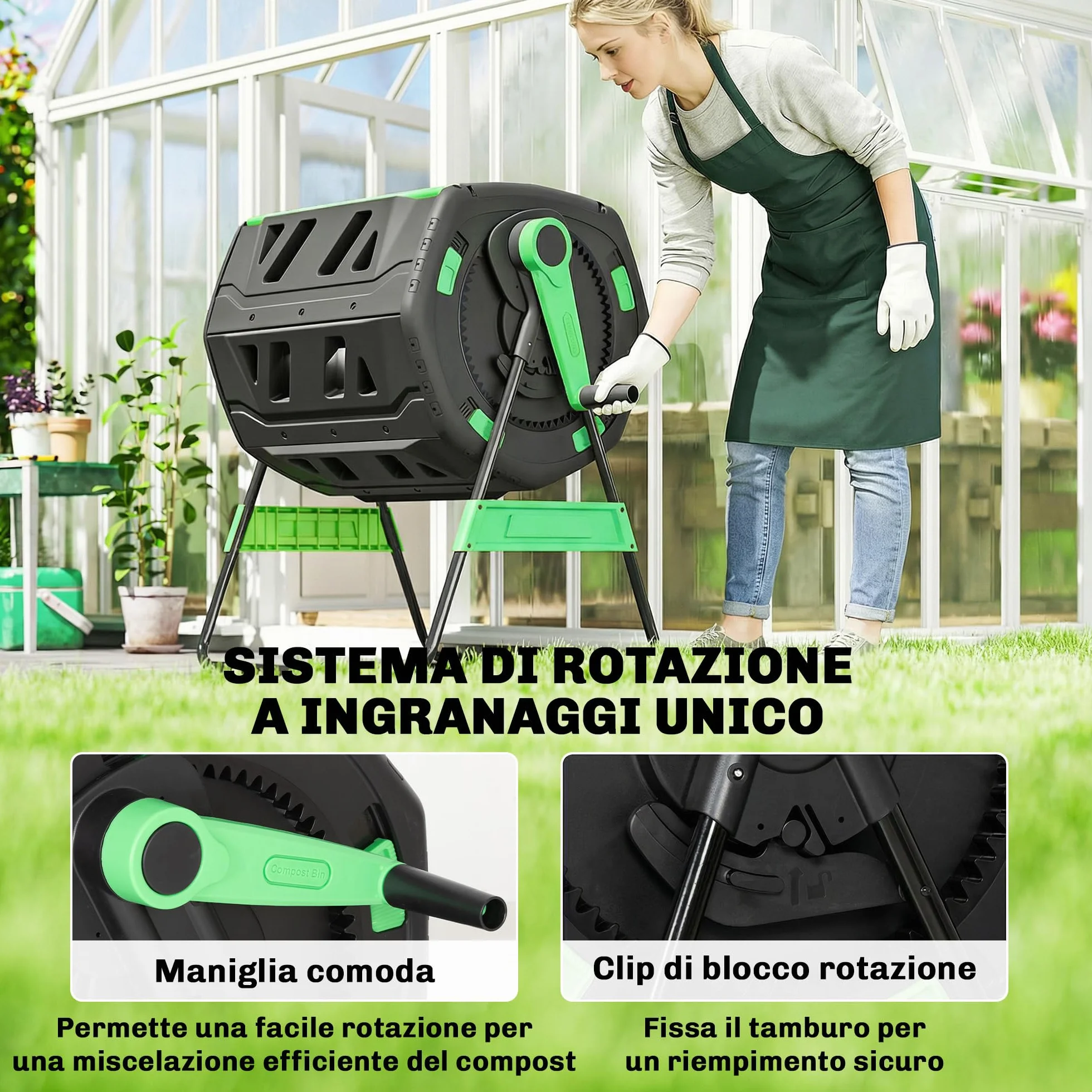 Outsunny Compostiera da Giardino Rotante 200L a Doppia Camera, Girevole 360°, Prese d'Aria, PP Senza BPA