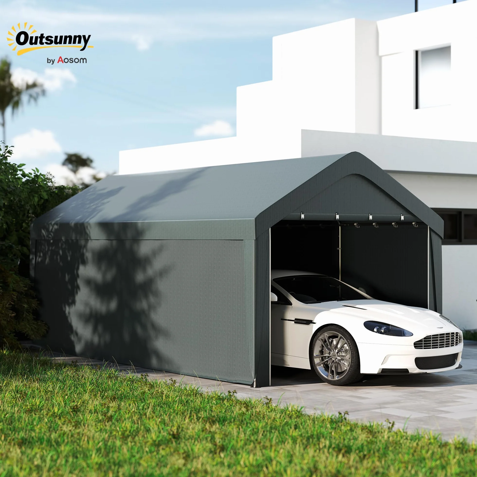 Outsunny Carport tenda da garage 3 x 6 m, tettoia per auto all'aperto, tenda di stoccaggio con pareti laterali rimovibili e 2 porte con cerniera avvolgibili, tettoia per auto, camion, barca, grigio