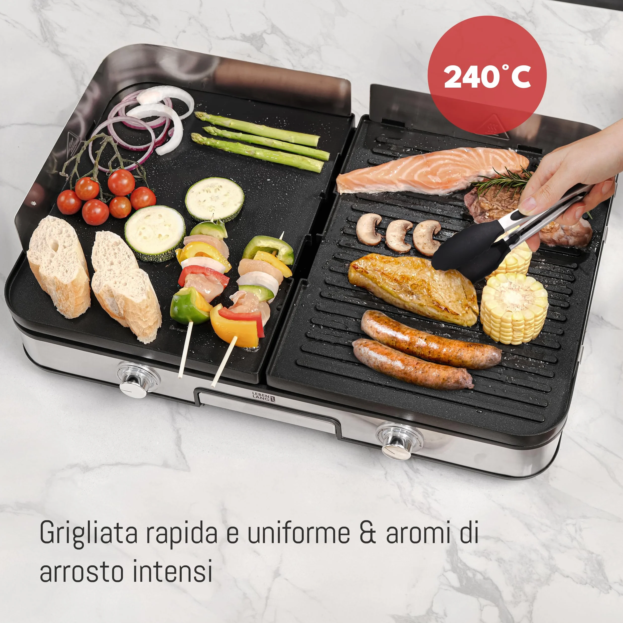 LEBENLANG Griglia Elettrica XXL 2400W - Grill Elettrico Piastra Senza Fumo BBQ Da Balcone