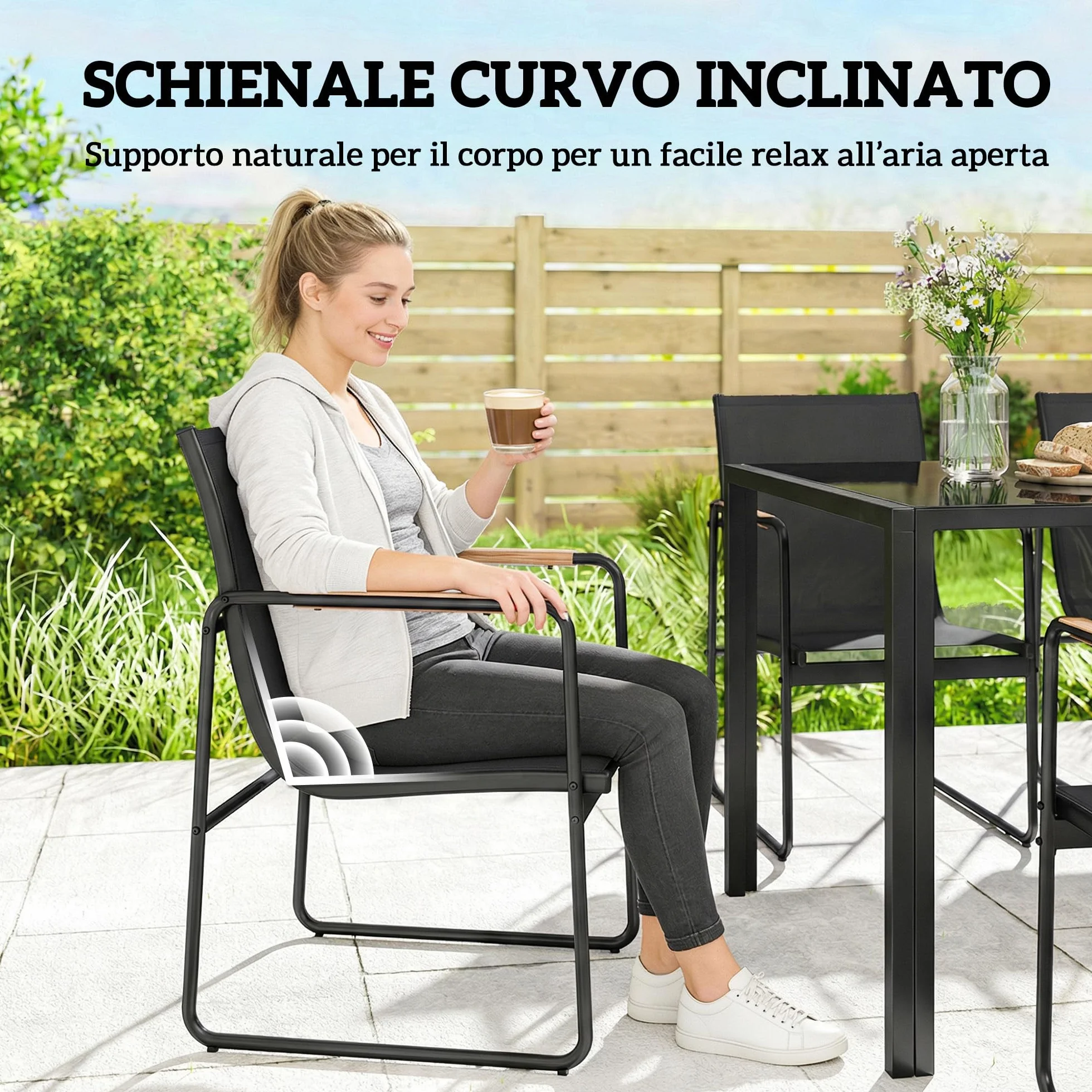 Outsunny Set Tavolo e Sedie da Giardino 7 Pezzi, Pranzo Esterno con Tavolo in Vetro Temperato, Sedie Texteline Traspirante, Acciaio, Nero