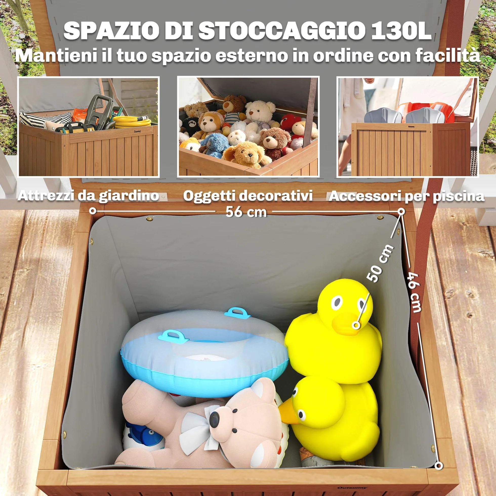 Outsunny Baule da Esterno 130L Legno Coperchio Cerniera, Contenitore Giardino Protezione UV, 63x51x58.5 cm, Marrone