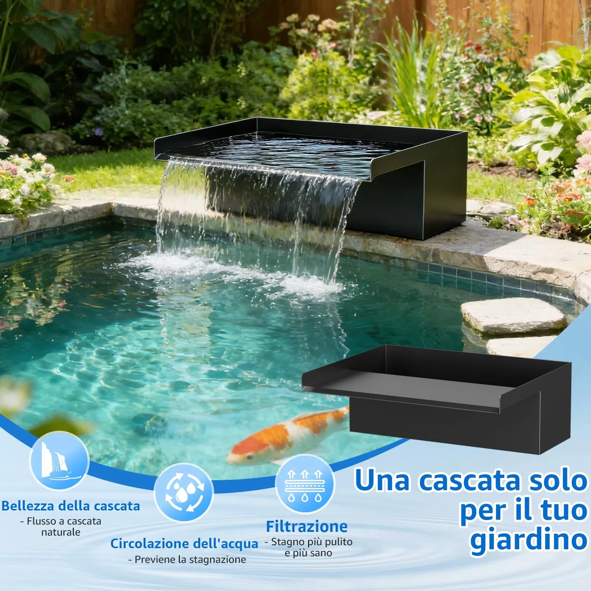 Kit Cascata per Laghetto Esterno 30 cm: Versatore Cascata in Acciaio Inox 304 con Pompa 2500 L/h, Tubo Antigelo 4 m e Cavo 4 m – Set Completo per Fontana a Cascata per Giardino e Piscina