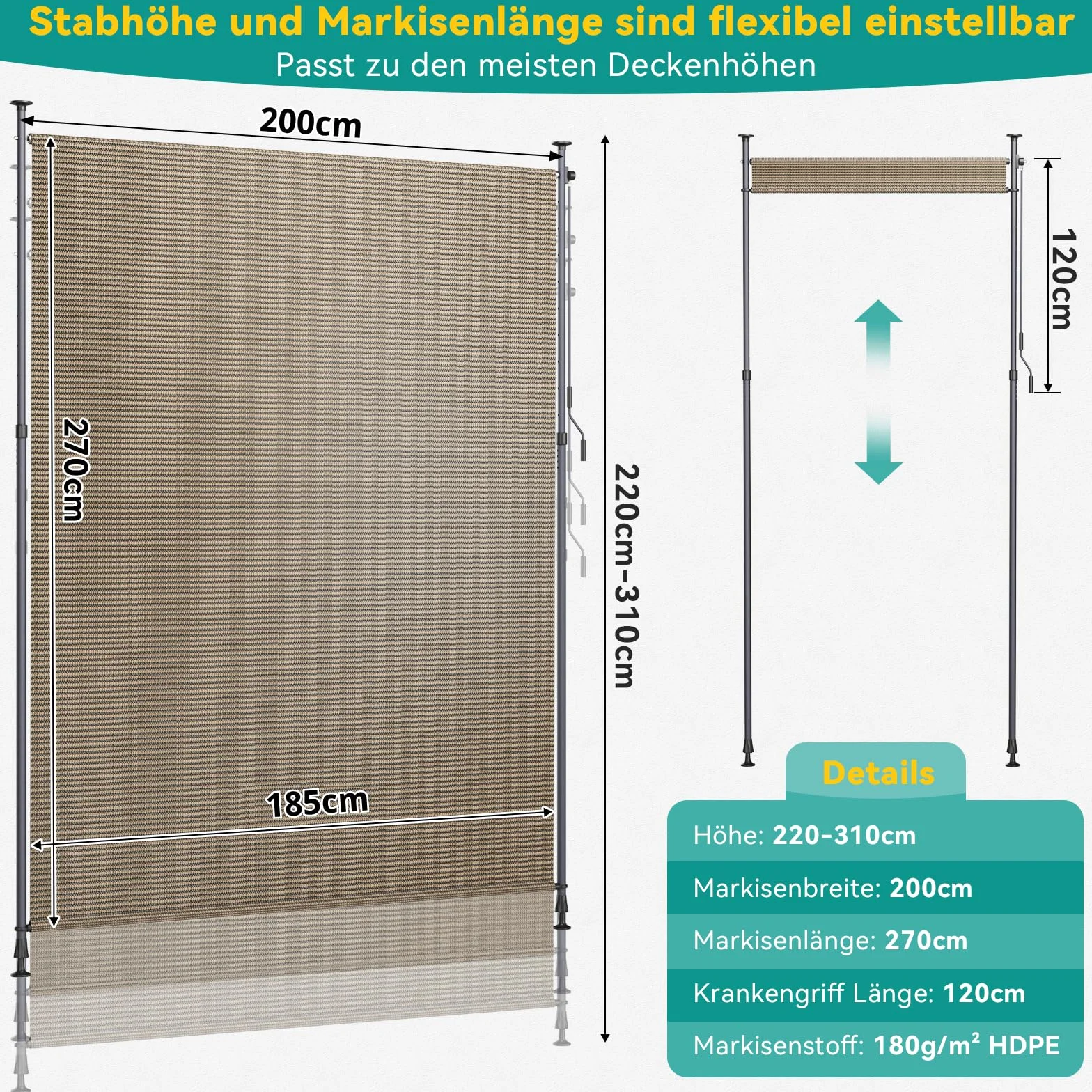 LIFERUN Tenda Verticale HDPE 200×310 cm Marrone, Tenda a Pinza Estensibile Senza Forare, Protezione Solare UV, Antivento, per Balcone Giardino Terrazza