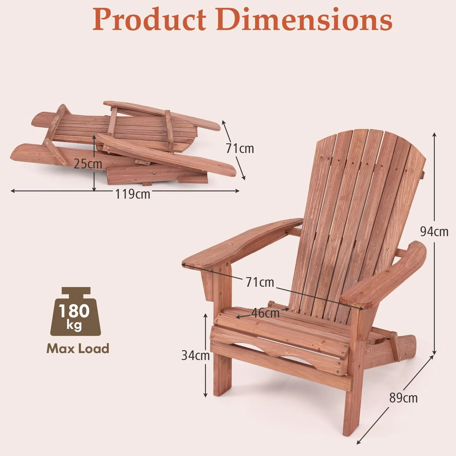 KOMFOTTEU Sedia Adirondack Pieghevole in Legno di Abete, Portata 180kg, Naturale, 2 Pezzi