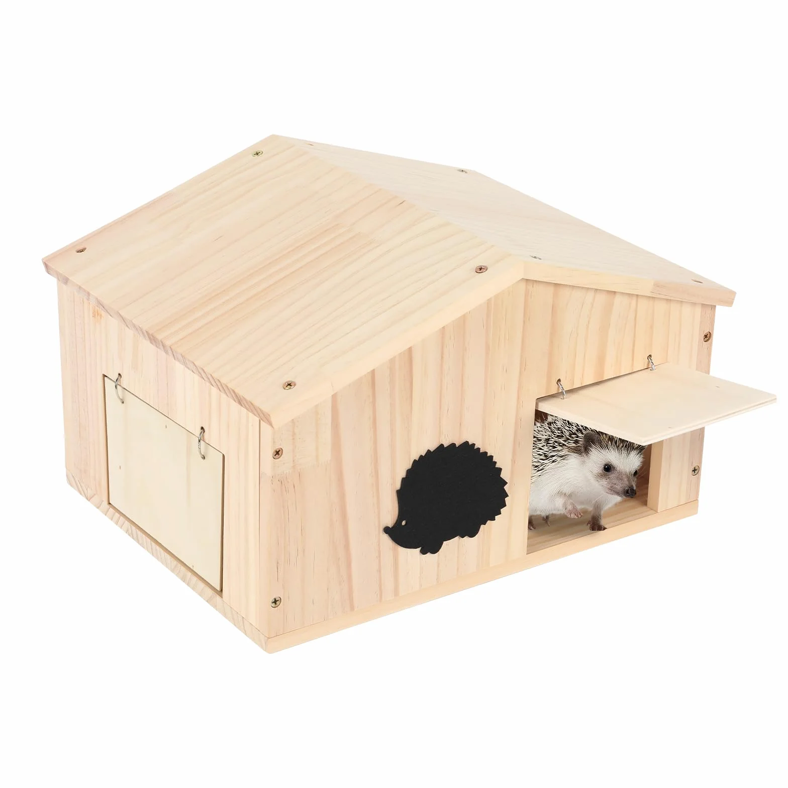 Casetta per ricci in legno con patta in rattan e fondo, resistente all'inverno, con ingresso labirinto e tetto inclinato, casa per riccio a prova di gatti, per giardino, cortile, esterno