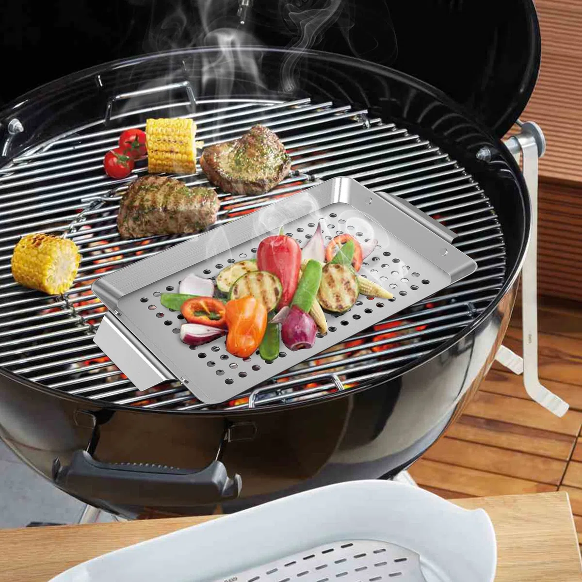 Onlyfire Set di 3 Pezzi Mini Rettangolo Griglie e Cestello Universale in Acciaio Inossidabile，per Verdure,per Barbecue a Carbonella, a Gas e Altri（32cm×18.5cm×1.7cm）
