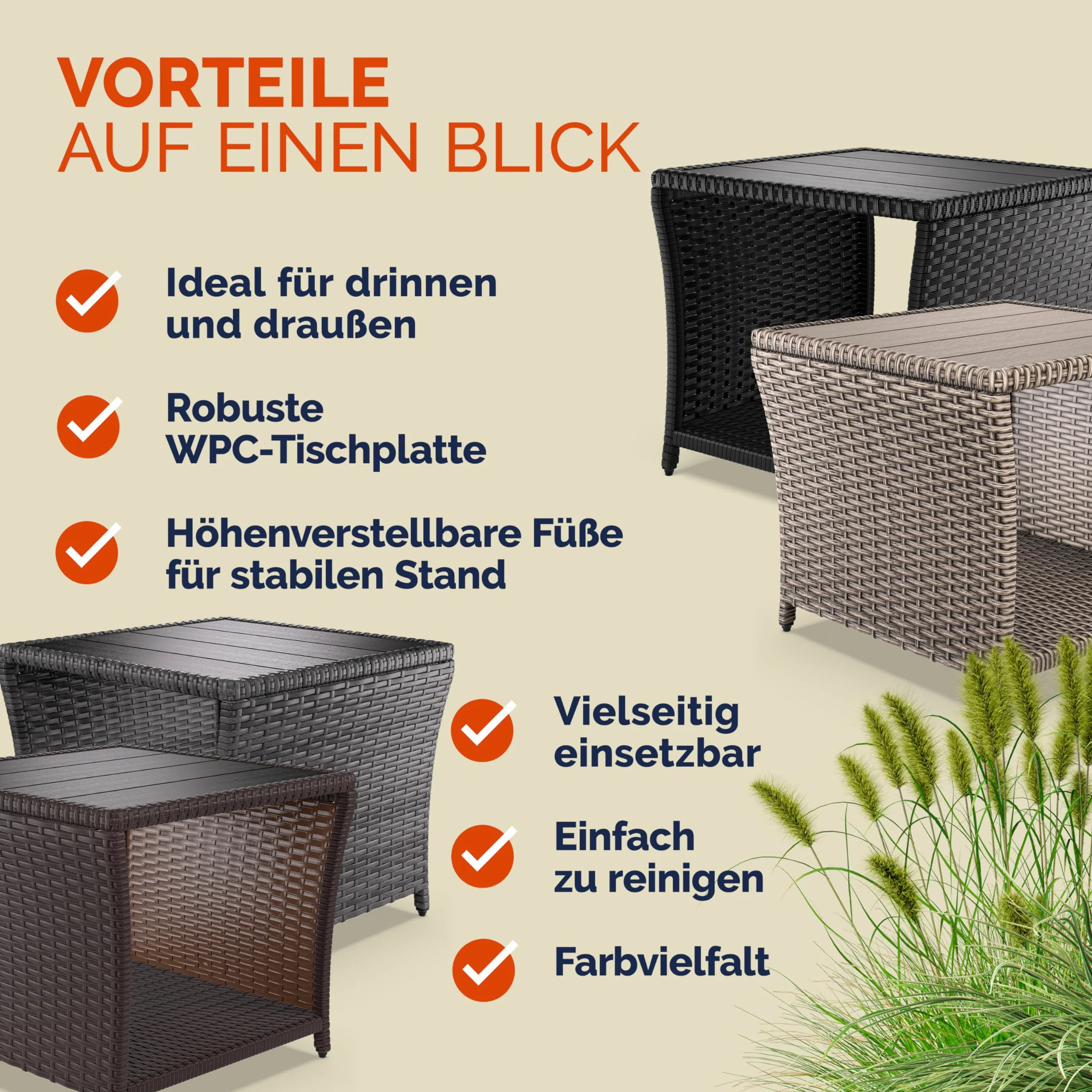 Casaria Tavolino in Polyrattan WPC 45x45x40cm Altezza regolabile Tavolo Basso da Giardino