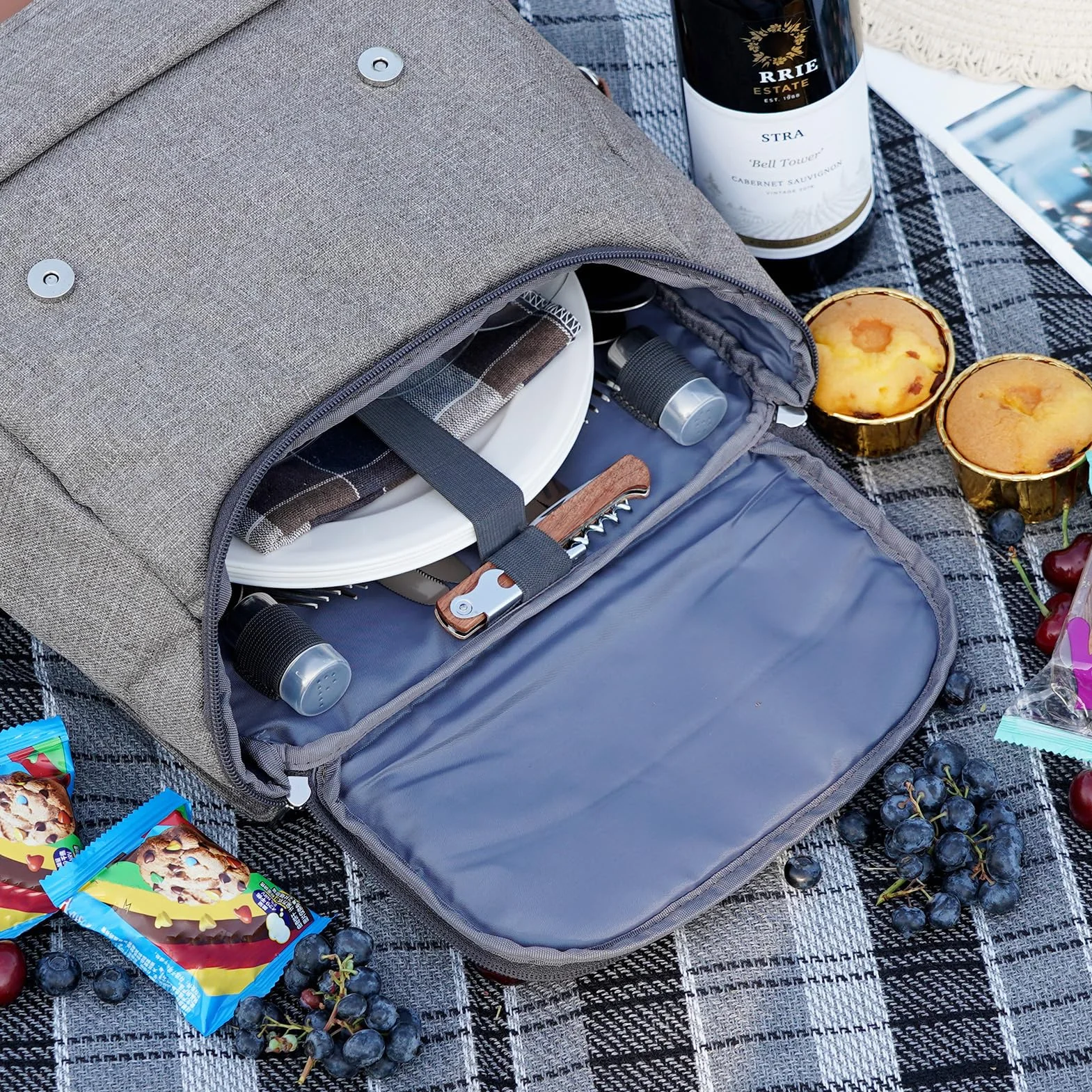HappyPicnic Zaino da picnic per 4 persone isolato con set completo di stoviglie, ampio scomparto refrigerante, portabottiglie e grande coperta da picnic impermeabile