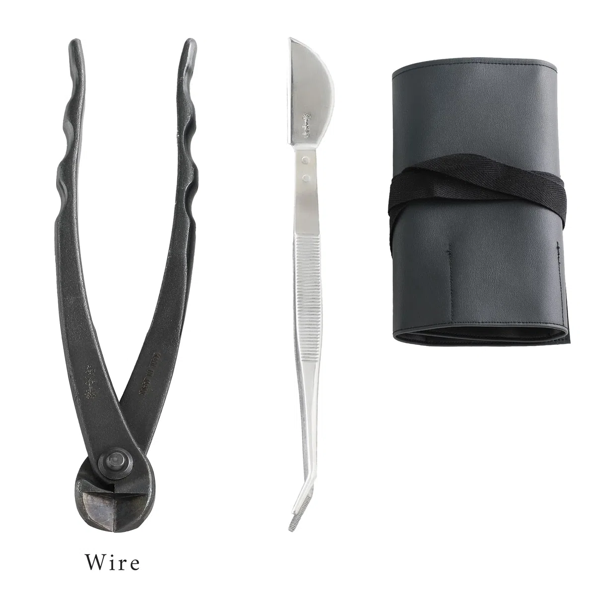 Wazakura Made in Japan - Kit di 5 attrezzi per bonsai con borsa in rotolo: forbici per bonsai Yasugi in acciaio Ashinaga, tronchese concavo, taglierina a pomello, tronchese per fili, pinzette, set
