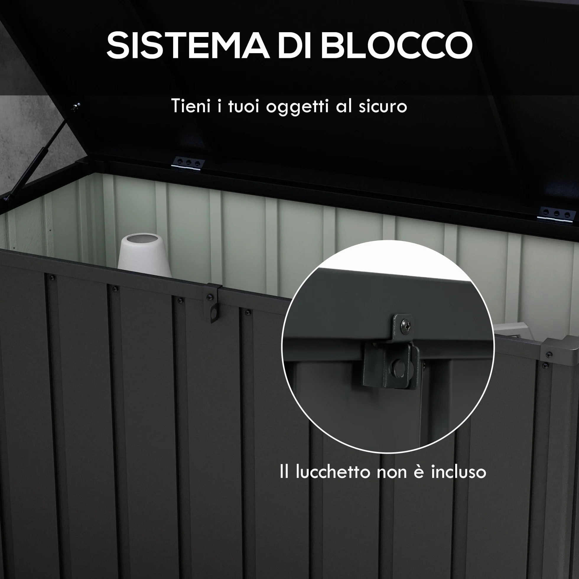 Outsunny Panca Contenitore da 450L con 4 Rotelle, Acciaio e PP, 125.5x61.5x70 cm, Grigio Scuro