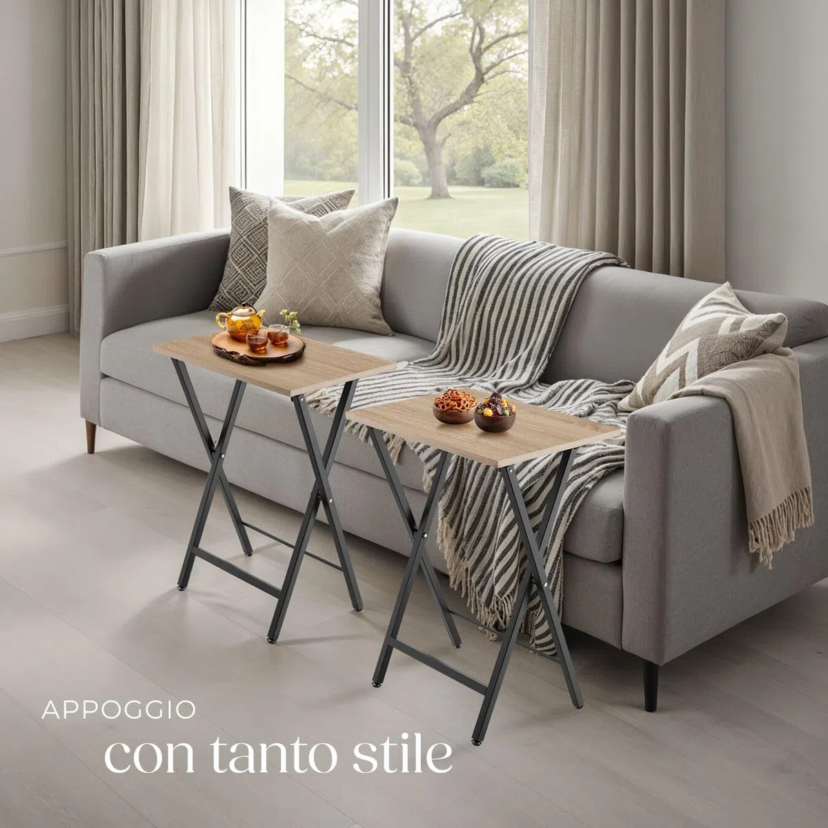 tectake 801167 Set di 2 tavolini Phoenix, Pannello in truciolato effetto legno, Stabile telaio in acciaio (Industriale legno chiaro, rovere Sonoma)