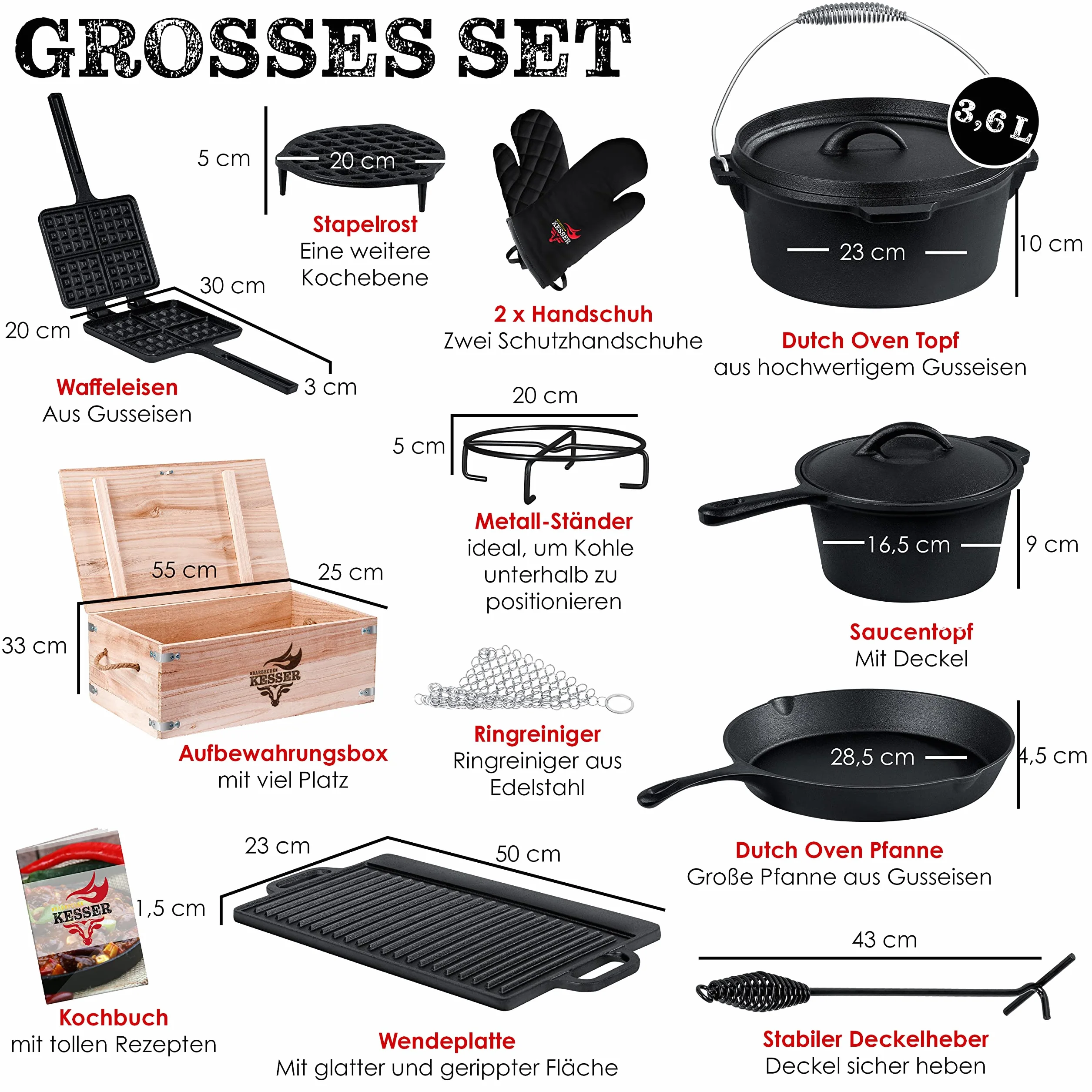 KESSER® Dutch Oven Set in scatola di legno con forno olandese Con molti accessori - ghisa - già bruciato con pentola di cottura piastra grill padella coperchio sollevatore I 12 Pezzi