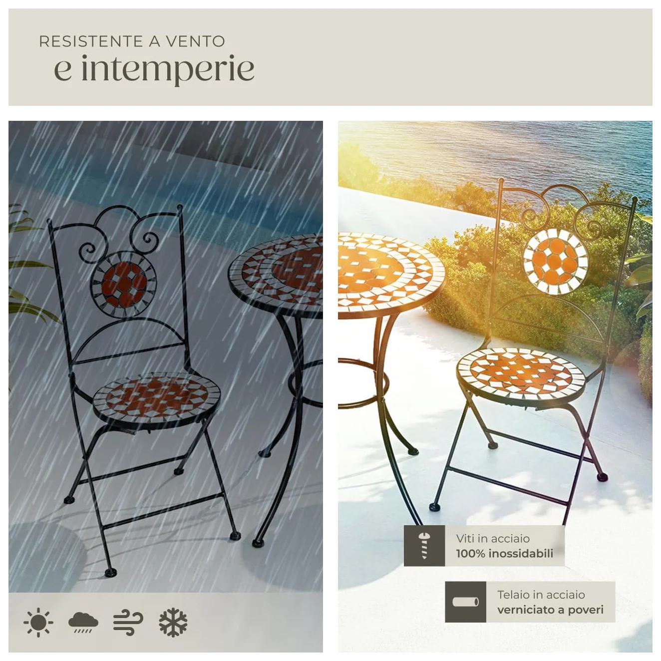 tectake Set da Giardino con Lavorazione a Mosaico, Tavolino e Sedie Pieghevoli, Telaio in Metallo, Marrone