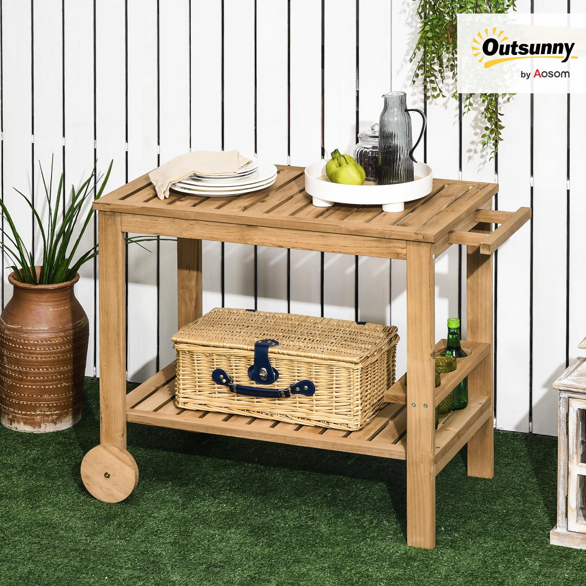 Outsunny Carrello Portavivande da Giardino in Legno di Abete 95x47x74 cm