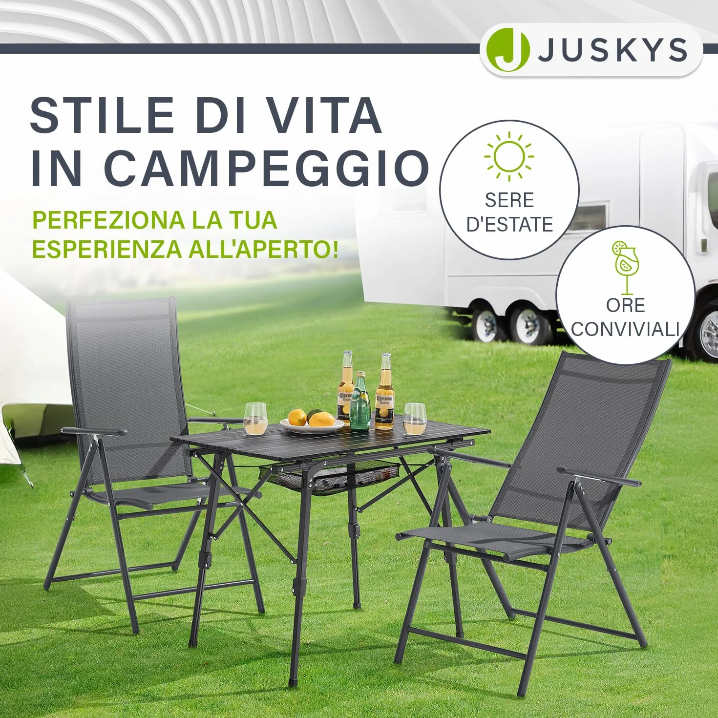 Juskys Sedie da giardino Calena set 4 pezzi antracite – Schienale regolabile in 7 posizioni – pieghevoli con struttura in acciaio e tessuto traspirante