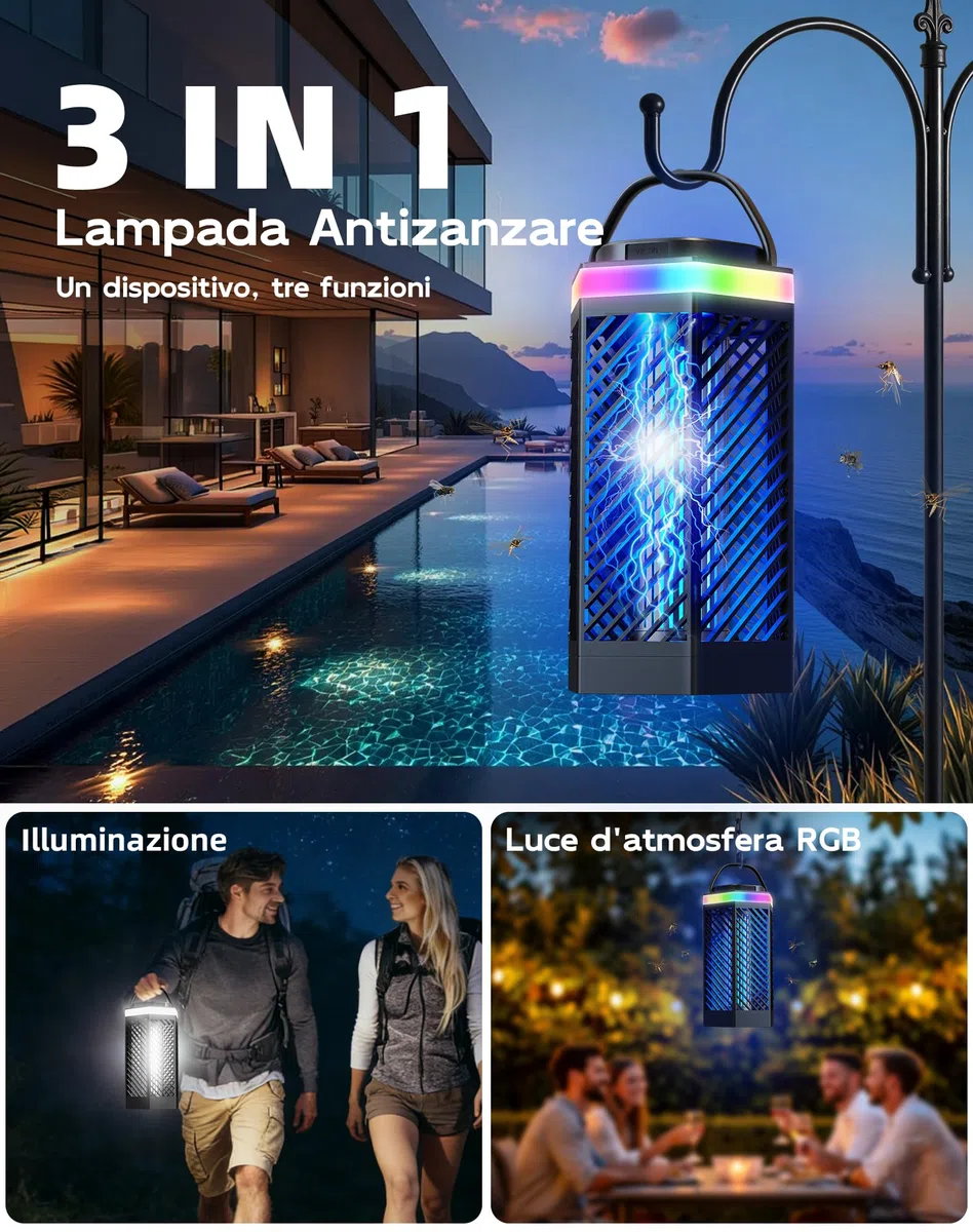 Lampada Antizanzare Elettrica Ricaricabile 8000mAh, Ammazza Zanzare 3 in 1 con Luce LED e RGB, 2000V Trappola per Insetti da Esterno e Interno, IPX4 Impermeabile per Casa, Camping