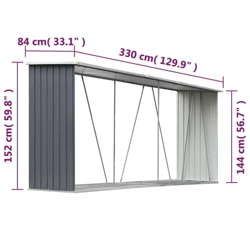 Legnaia da Esterno in Acciaio Galvanizzato 330x84x152cm Grigio Tetto Inclinato