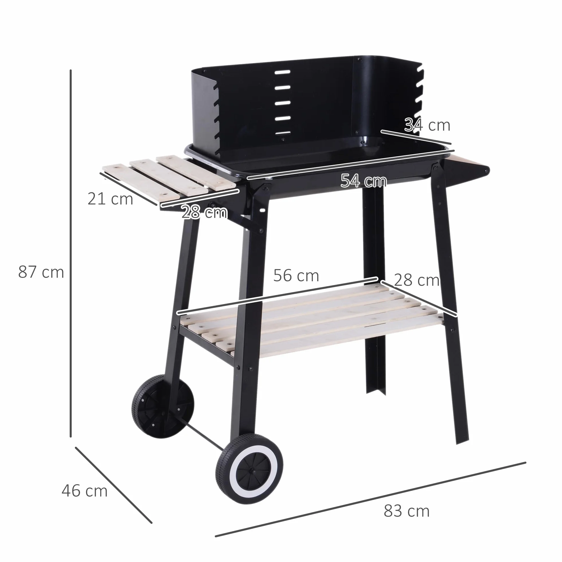 Outsunny Griglia a Carbone Barbecue BBQ Carrello Grill 83x37x87 cm Nero Ferro Legno