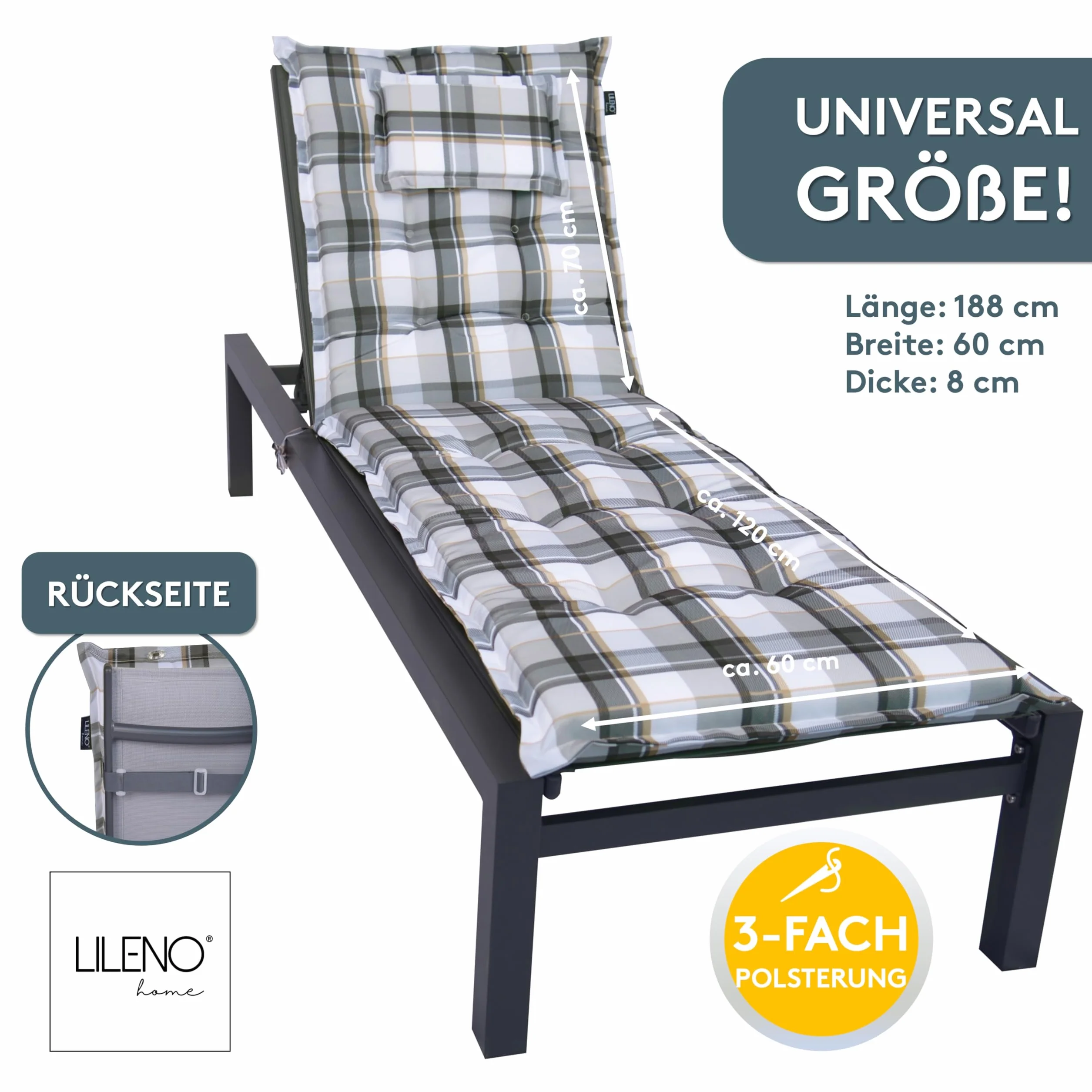 LILENO HOME Mar 1 cuscino per lettino a rotelle e sdraio da spiaggia, grigio a quadri Y, cuscino imbottito per lettino da giardino (188 x 60 x 8 cm)