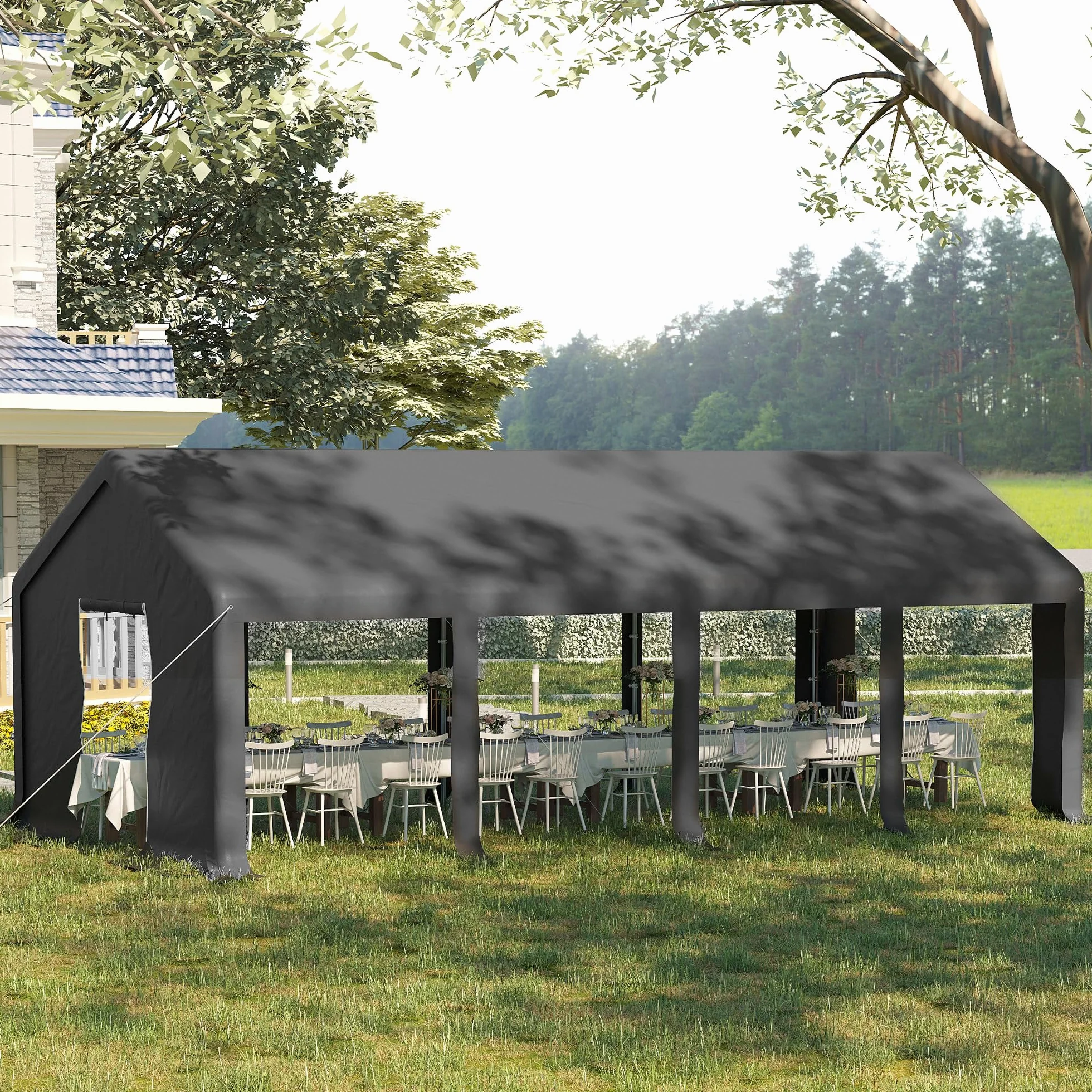 Outsunny Garage Auto Esterno 8x4m Porte Cerniera Tettoia Pannelli Removibili Telaio Acciaio Grigio Scuro