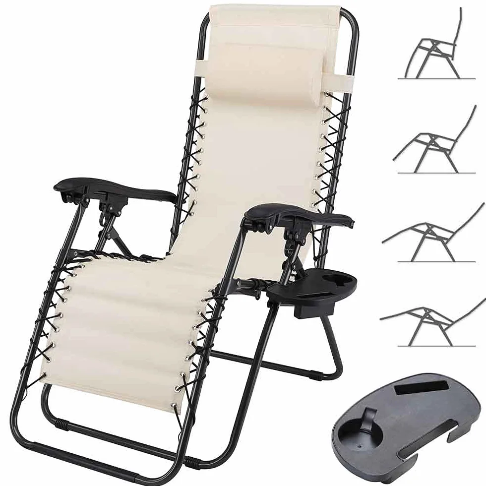BAKAJI Sedia gravità Zero Sdraio da Giardino Poltrona Relax Pieghevole Salvaspazio con Vassoio Tubolari Acciaio 22mm Reclinabile Tessuto in Texilene Traspirante Terrazzo Piscina Esterno (Beige)