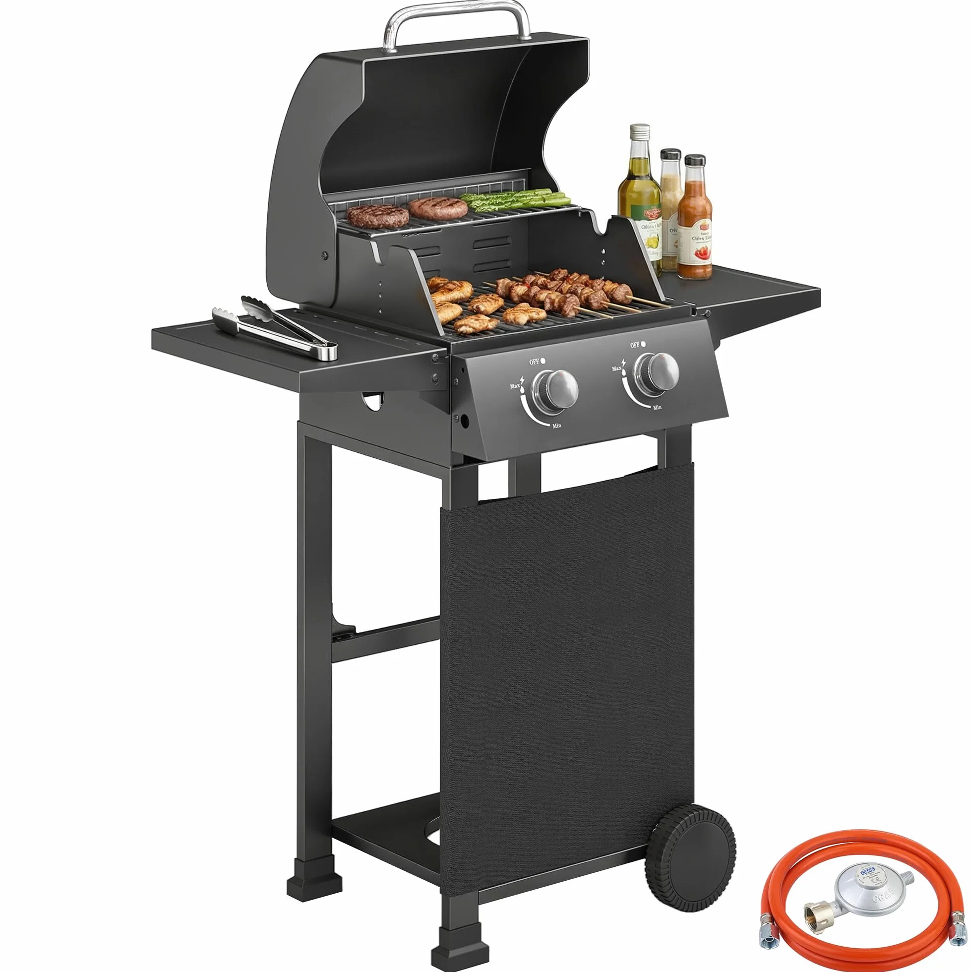 Outsunny Barbecue a Gas 2 Bruciatori 5.4 KW BBQ Portatile con Griglia Ripiani Pieghevoli Coperchio Termometro Ruote Nero