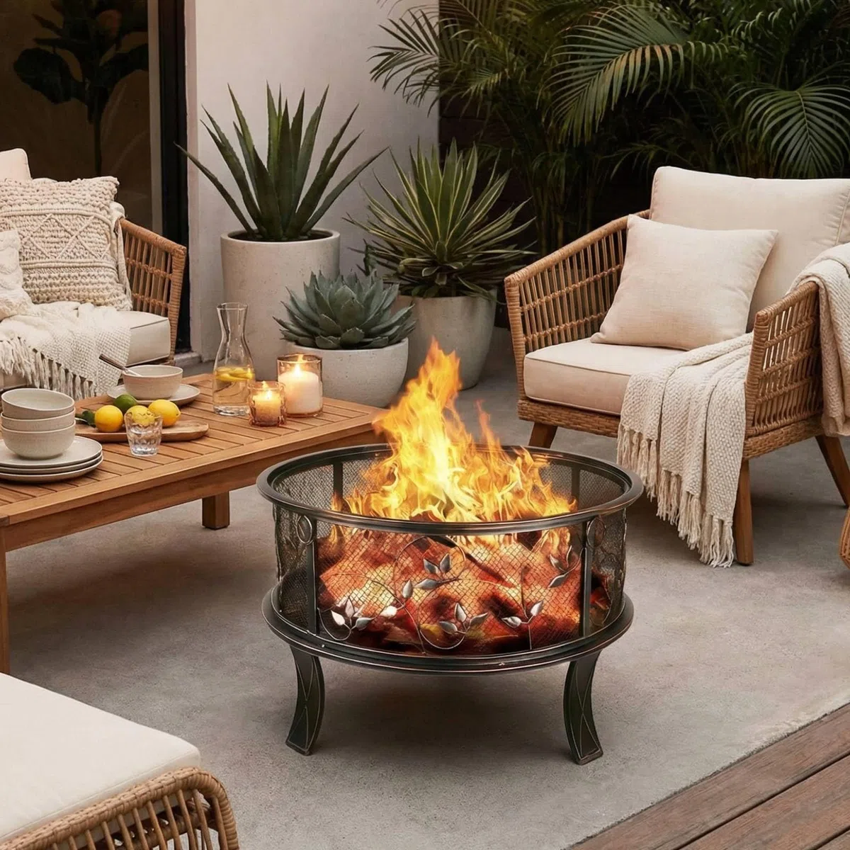 TLGREEN Braciere da giardino, braciere da Esterno con parascintille, stabile, fire pit 71 x 65 cm, con griglia per poker, 4 PCS piede, campeggio, spiaggia, tetto, look retrò, squisito motivo erba