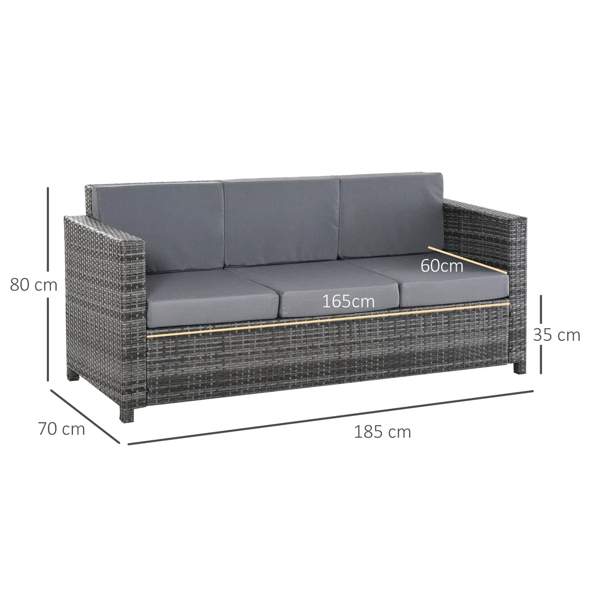 Outsunny Divanetto da Esterno 3 Posti in Rattan PE, Divano da Esterno con Cuscini Imbottiti e Sfoderabili, Struttura in Metallo per Giardino, Patio e Terrazzo, 185x70x80 cm, Grigio