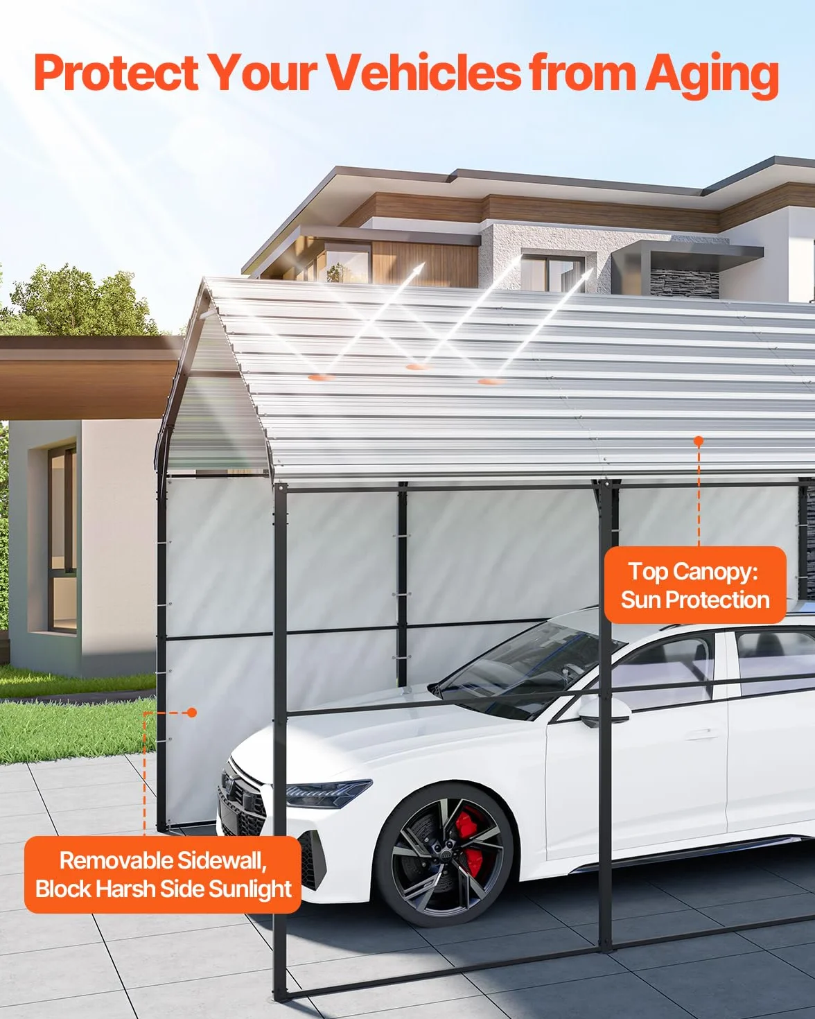 VEVOR Carport in Metallo per Impieghi Gravosi 3 x 4,5 x 3,15 m Tetto in Acciaio Zincato Tenda da Garage Pareti Laterali Rimovibili