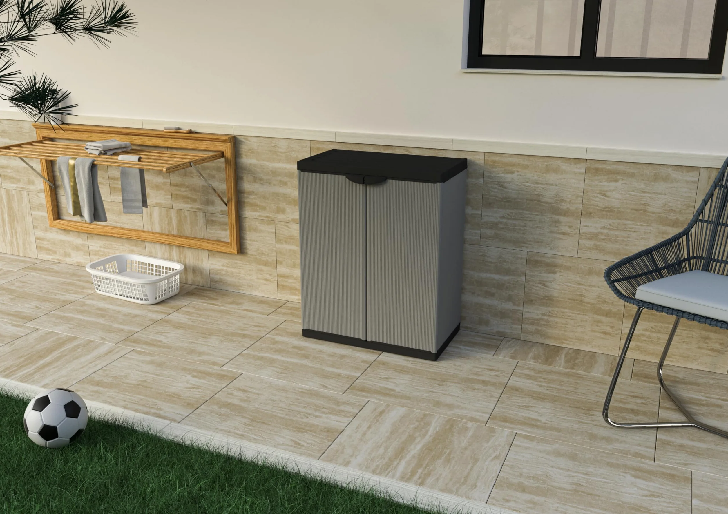 Adventa: Armadietto in resina di PVC e PP, 2 Ante, 1 Ripiano, Facile da Montare, Modular System, Resistente, Adatto ad ambienti Interni ed Esterni, 68L x 40P x 85H cm, Grigio e Nero