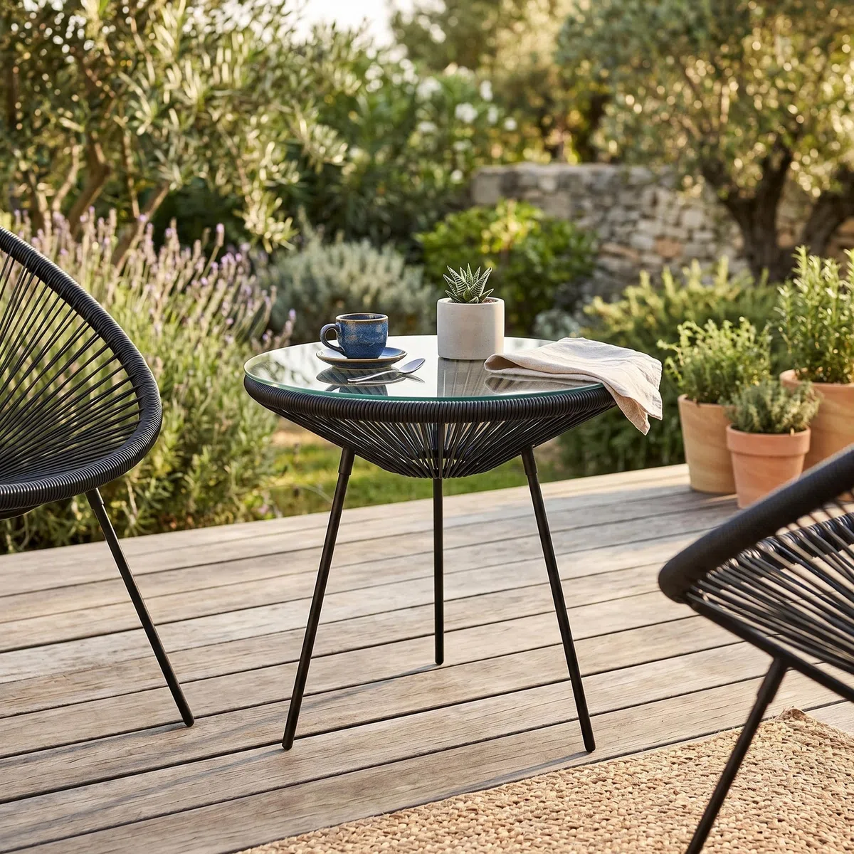 SPRINGOS Set Mobili Giardino Acapulco 2 Sedie & Tavolino Rotondo 50 cm Nero, Rattan PE Metallo Vetro Temperato, Resistente a UV e Intemperie, Design Moderno per Terrazza e Balcone, Montaggio Facile