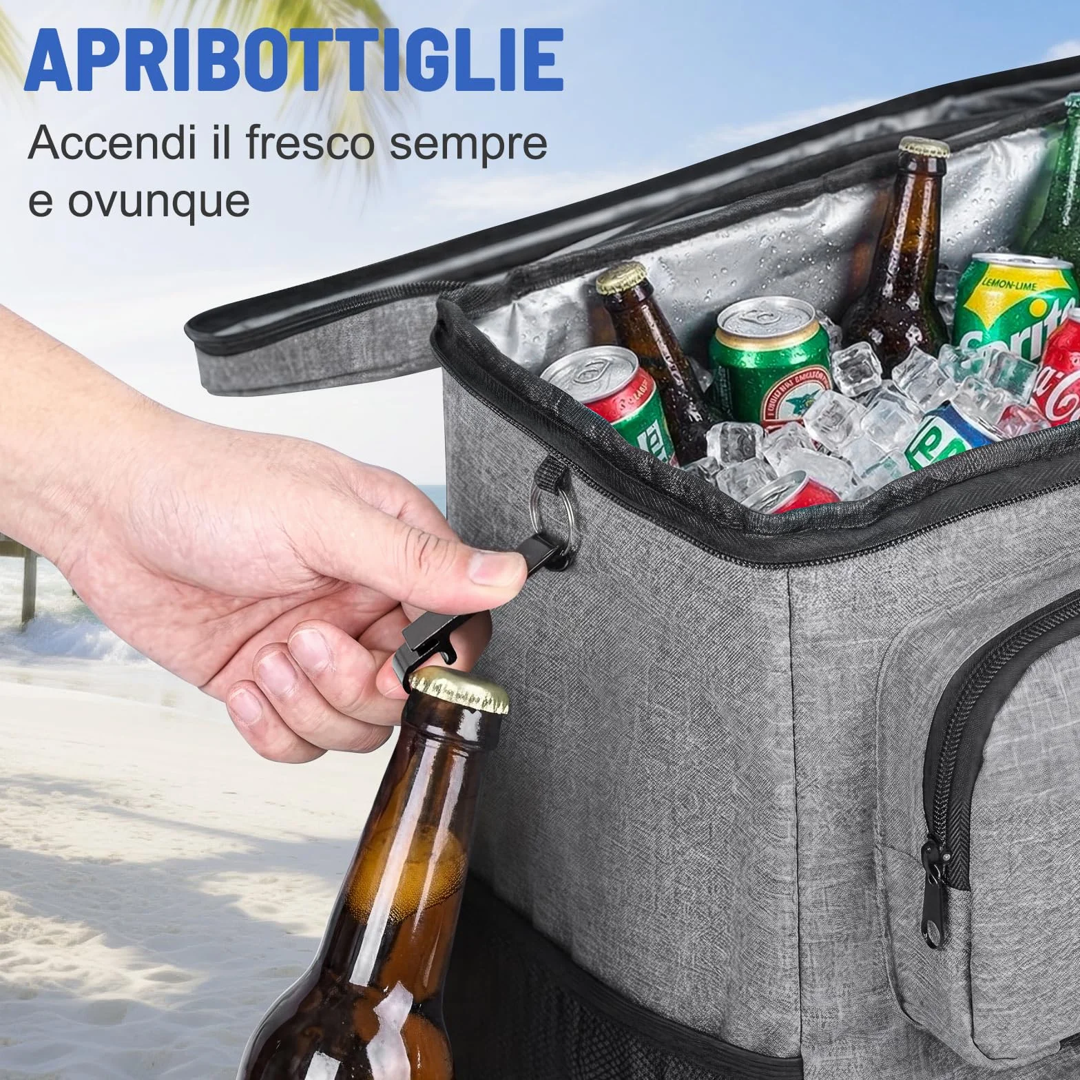Zaino Termico Isoterma Impermeabile 33L Borsa Frigo Porta Pranzo per Spiaggia Grigio