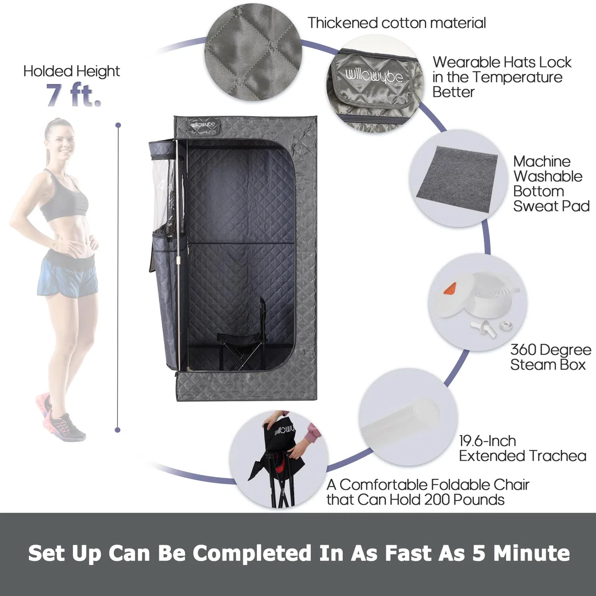 Sauna a Vapore Portatile Bluetooth, KingPower 4L, Tenda per Corpo, Sedia Pieghevole Grigio Notte