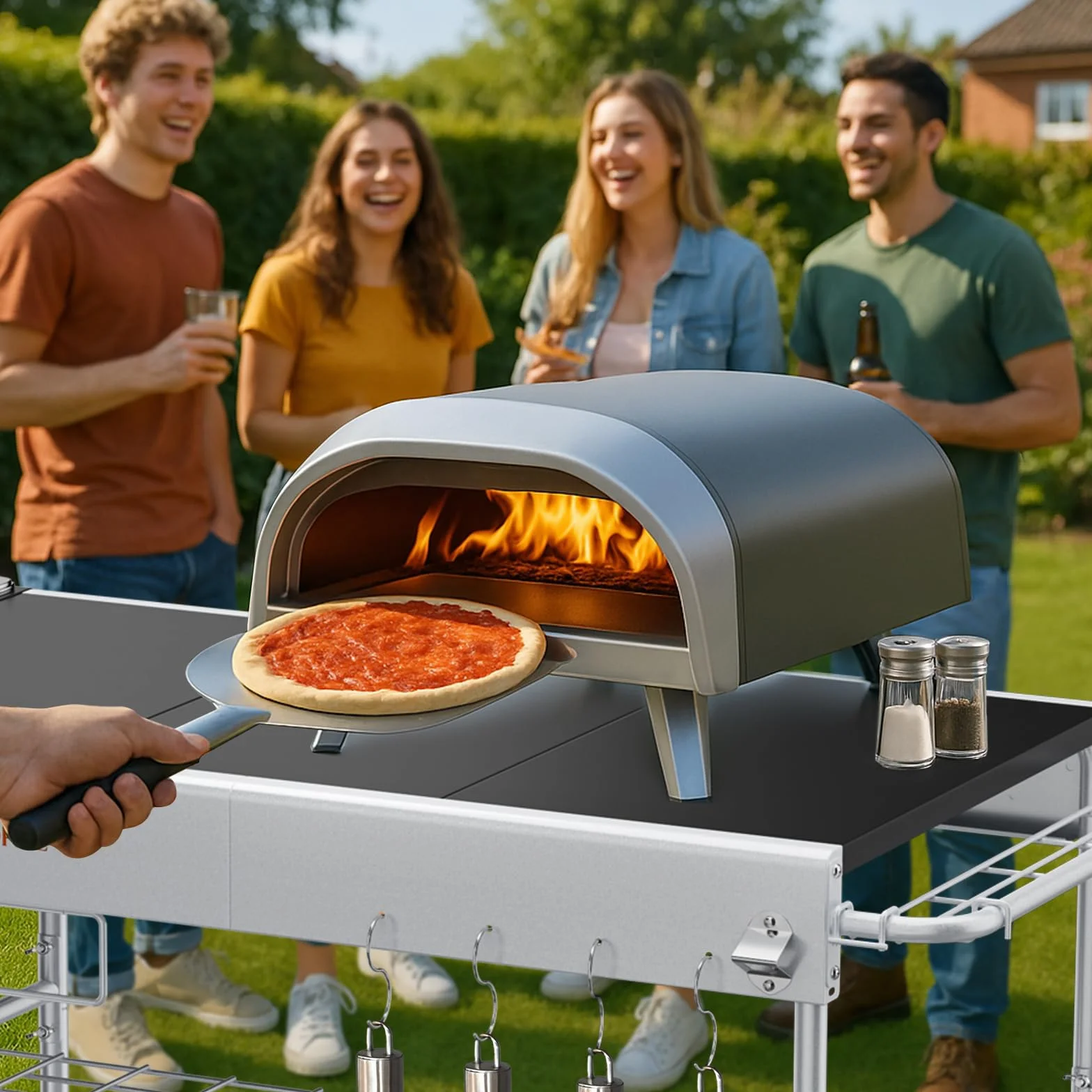 GFTIME Carrello tavolo per forno pizza 128x64 cm per Ooni Koda/Karu/Fyra 16 & 12, Ninja Woodfire, Blackstone