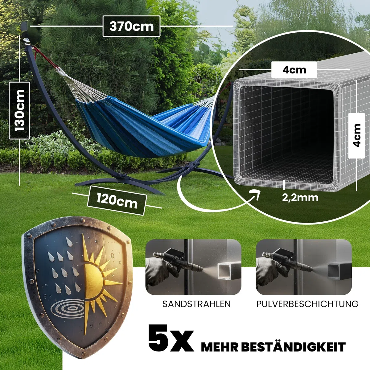 Potenza Supporto per Amaca in Acciaio 370 cm I Struttura Resistente Fino a 220 kg, Antiruggine, per 2 Persone, Ideale per Giardino, Terrazza I Telaio Universale per Amache Grandi, Colore Grafite
