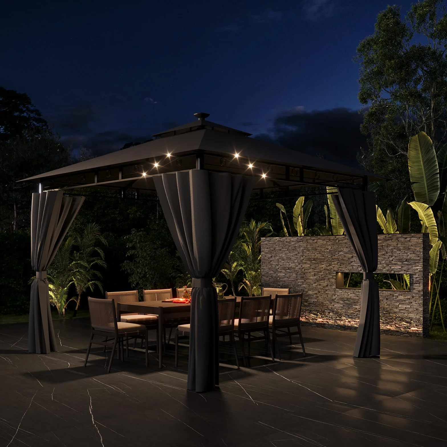 Devoko Gazebo 3x3m con Luce LED Impermeabile UV50+ Doppio Tetto Tenda da Giardino per Famiglie Grigio