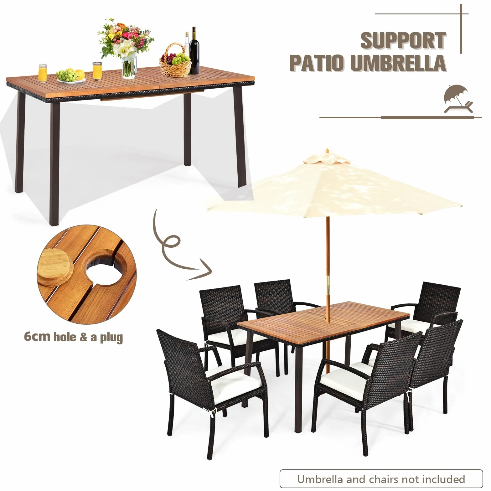 KOMFOTTEU Tavolo da Giardino Rettangolare con Foro per Ombrellone, Tavolo da Esterno in Legno di Acacia, Tavolo da Pranzo con Gambe in Metallo per 6-8 Persone, 140 x 75 x 76 cm