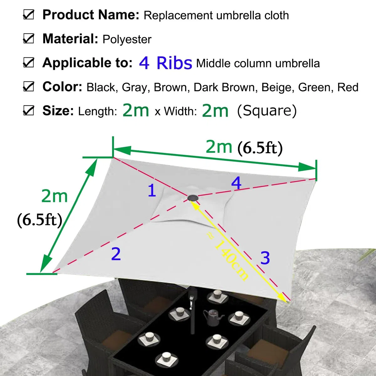 Copertura Di Ricambio Per Ombrellone Da Giardino, Telo Di Rechange 2x2 3x2 2.5x2.5 3x3m, 4/6/8 Stecche, Parasole Impermeabile E Resistente Ai Raggi UV, Vela Di Ricambio In Tessuto(Green,2X2m)