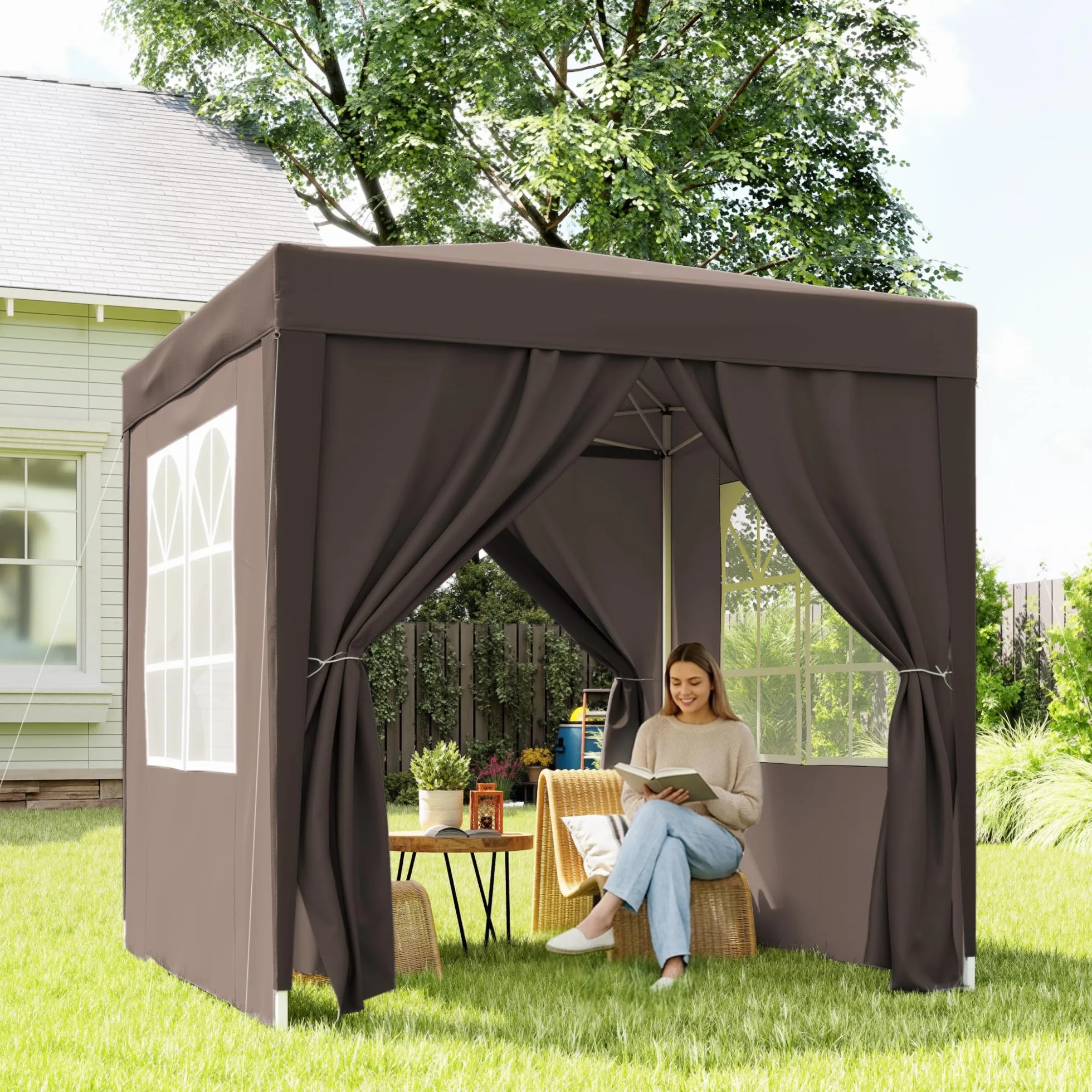 Outsunny Gazebo 2x2 m Pop-up Impermeabile con 4 Pareti Rimovibili, Marrone