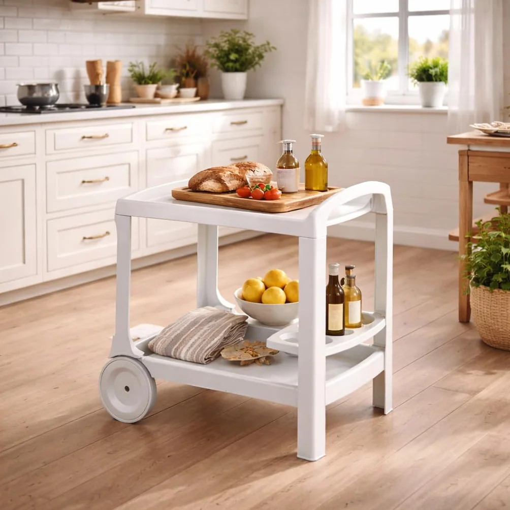 Carrello Multiuso in Plastica Bianco con Ripiani Portavivande Portabottiglie per Cucina Casa Esterno
