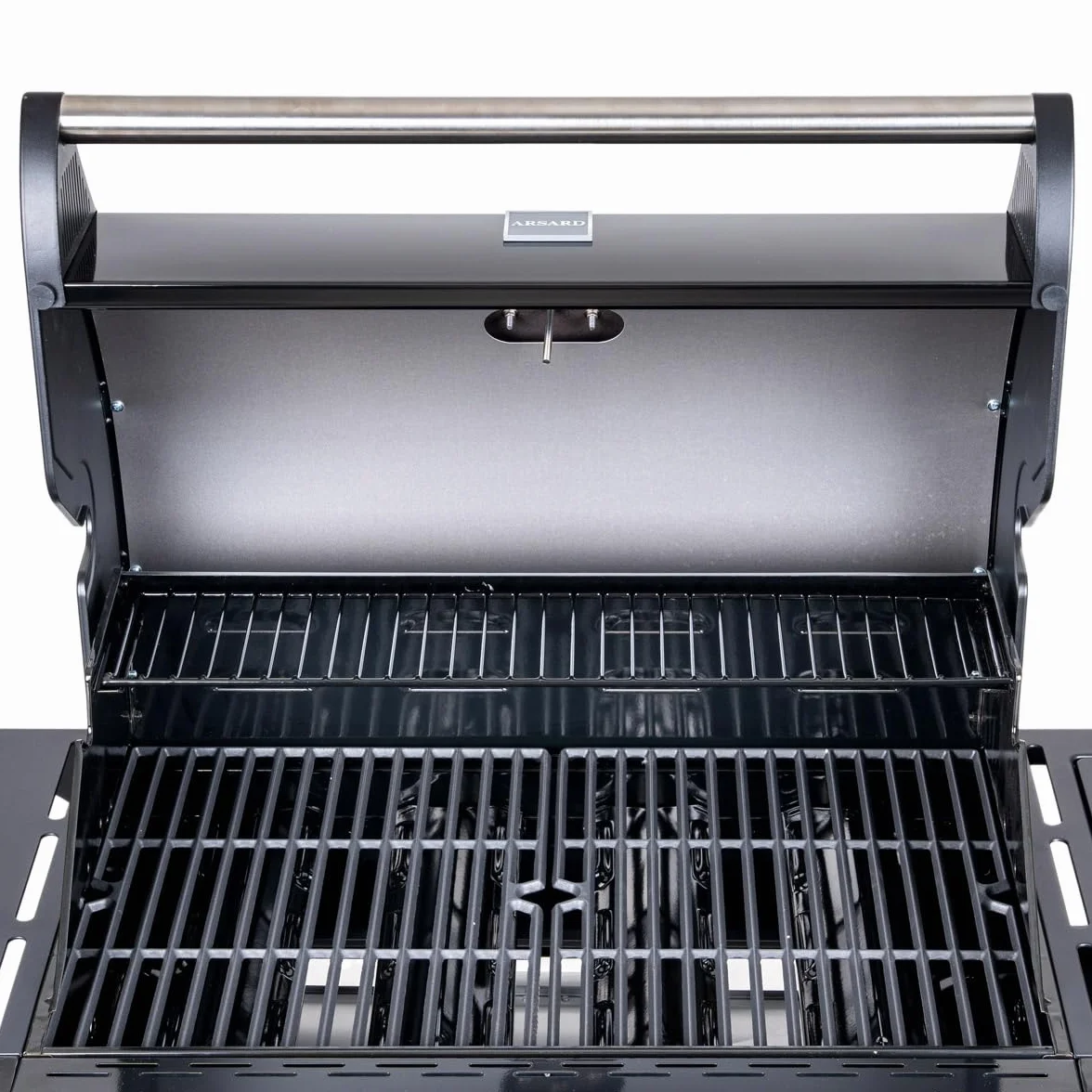 Arsard Barbecue a Gas Professionale XXL 5 Fuochi 16 KW Griglia Ghisa Acciaio Inox Bruciatore Laterale Coperchio Termometro