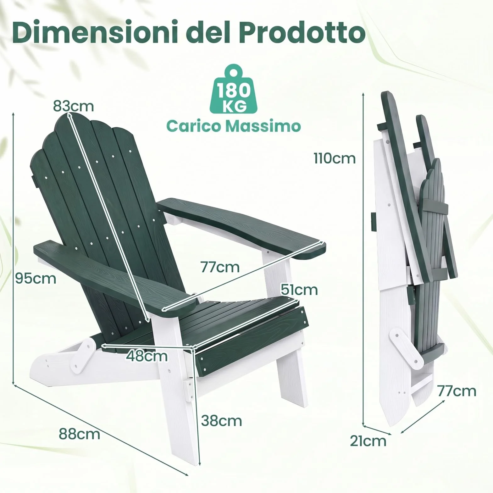 COSTWAY Sedia Adirondack Pieghevole da Giardino, Sedia da Patio in HIPS con Braccioli Larghi e Schienale Inclinato, Poltrona in Legno, per Giardino Cortile, Portata 180 kg (1, Verde+Bianco)