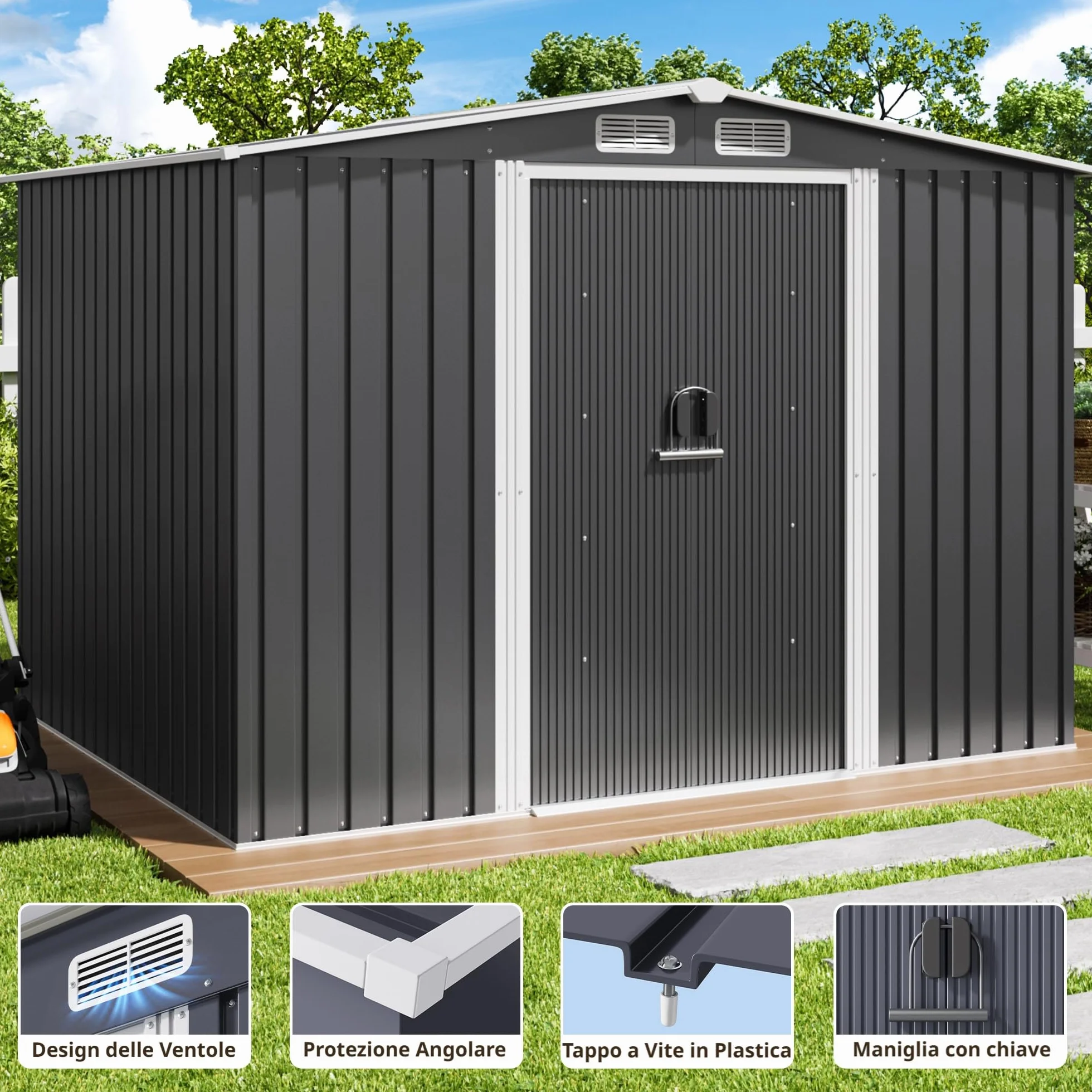 Xbro Capanno per Attrezzi in Metallo 5㎡, Casetta da Giardino da Esterno con Tetto Spiovente e Porta Scorrevole, Serratura, 247x193x179 cm