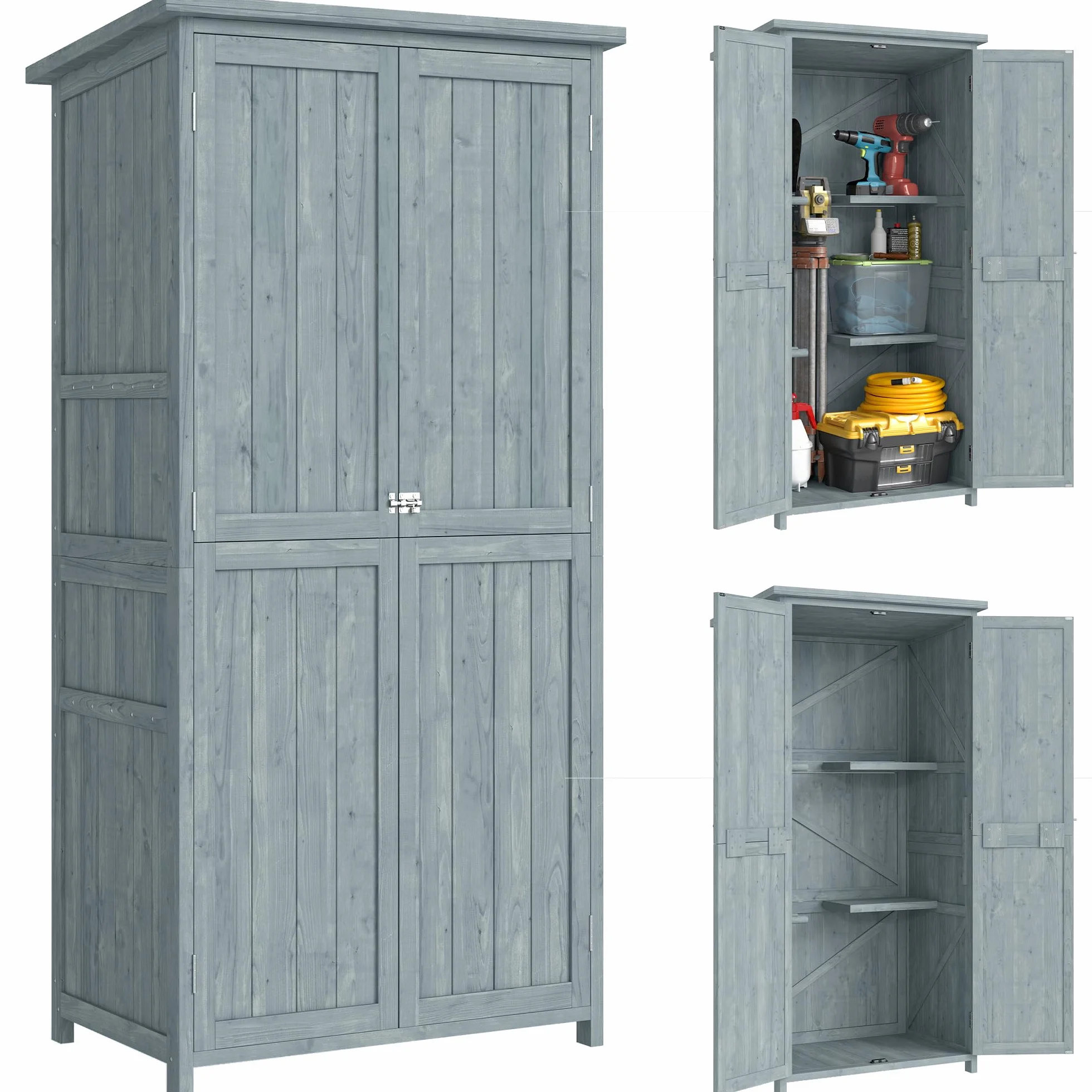 Outsunny Armadio da Giardino in Legno di Abete con Kit Antiribaltamento, Casetta Porta Attrezzi da Esterno con 2 Ante Bloccabili, 2 Ripiani, 10 Ganci, Tetto Inclinato Asfalto, 85x54x170 cm, Grigio