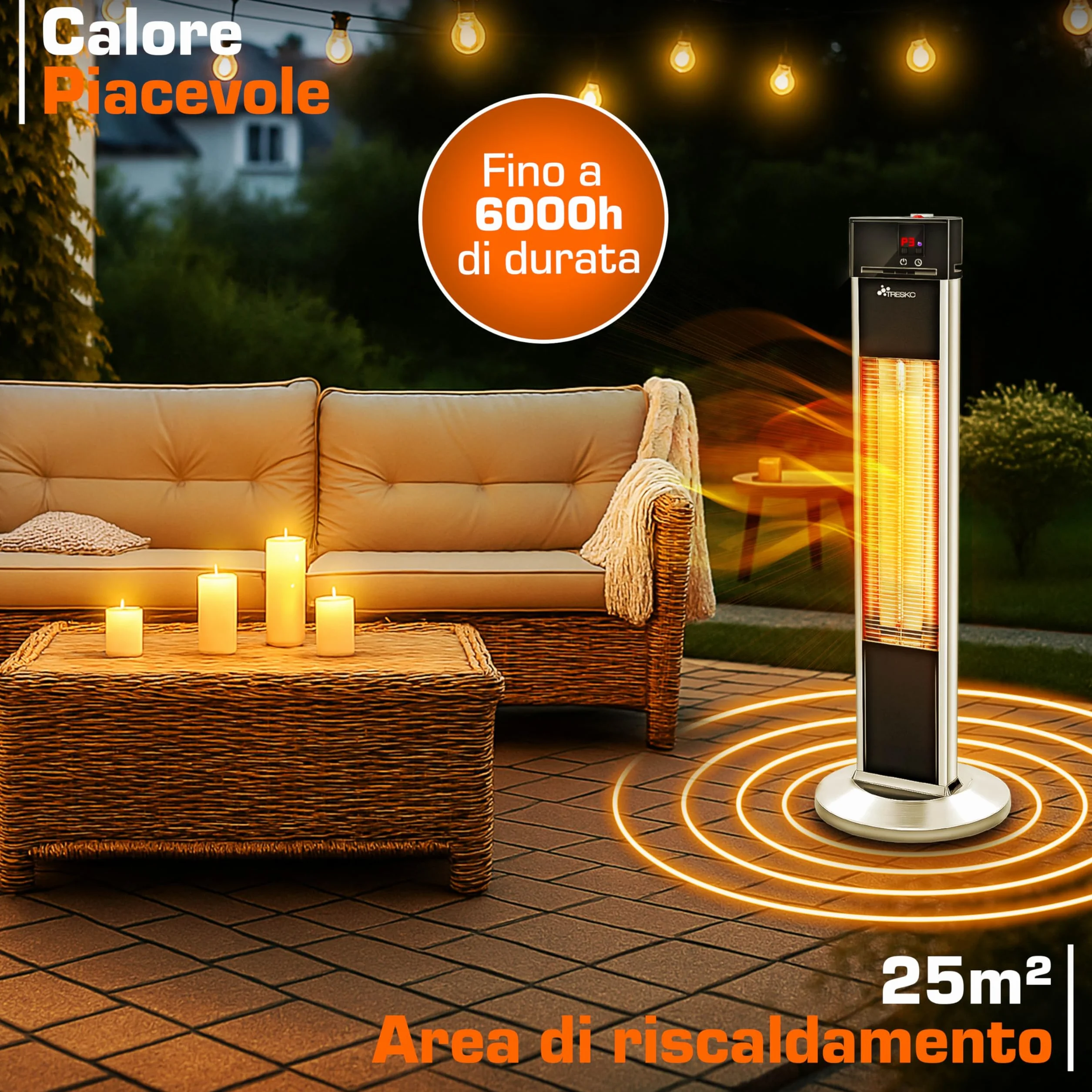 TRESKO Stufa a Infrarossi 2000W Torre Telecomando 3 Livelli Calore Riscaldatore Elettrico da Terrazzo