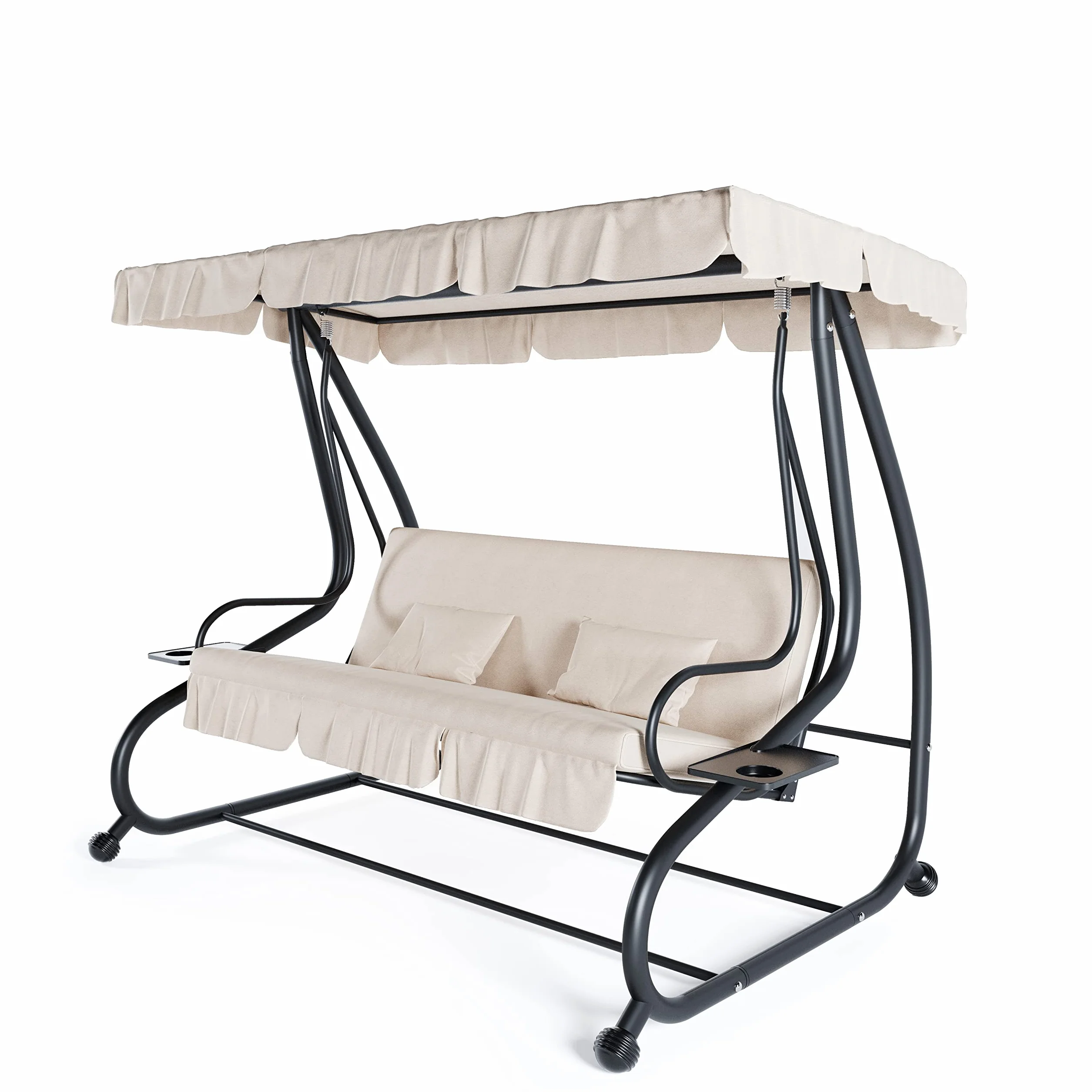 Dondolo 3 Posti Reclinabile Con Parasole Tettuccio Regolabile Cuscini Imbottiti Diventa Letto Struttura Robusta In Acciaio Verniciato Giardino Esterno Balcone Terrazzo 200 x 120 x 160 cm (Beige)