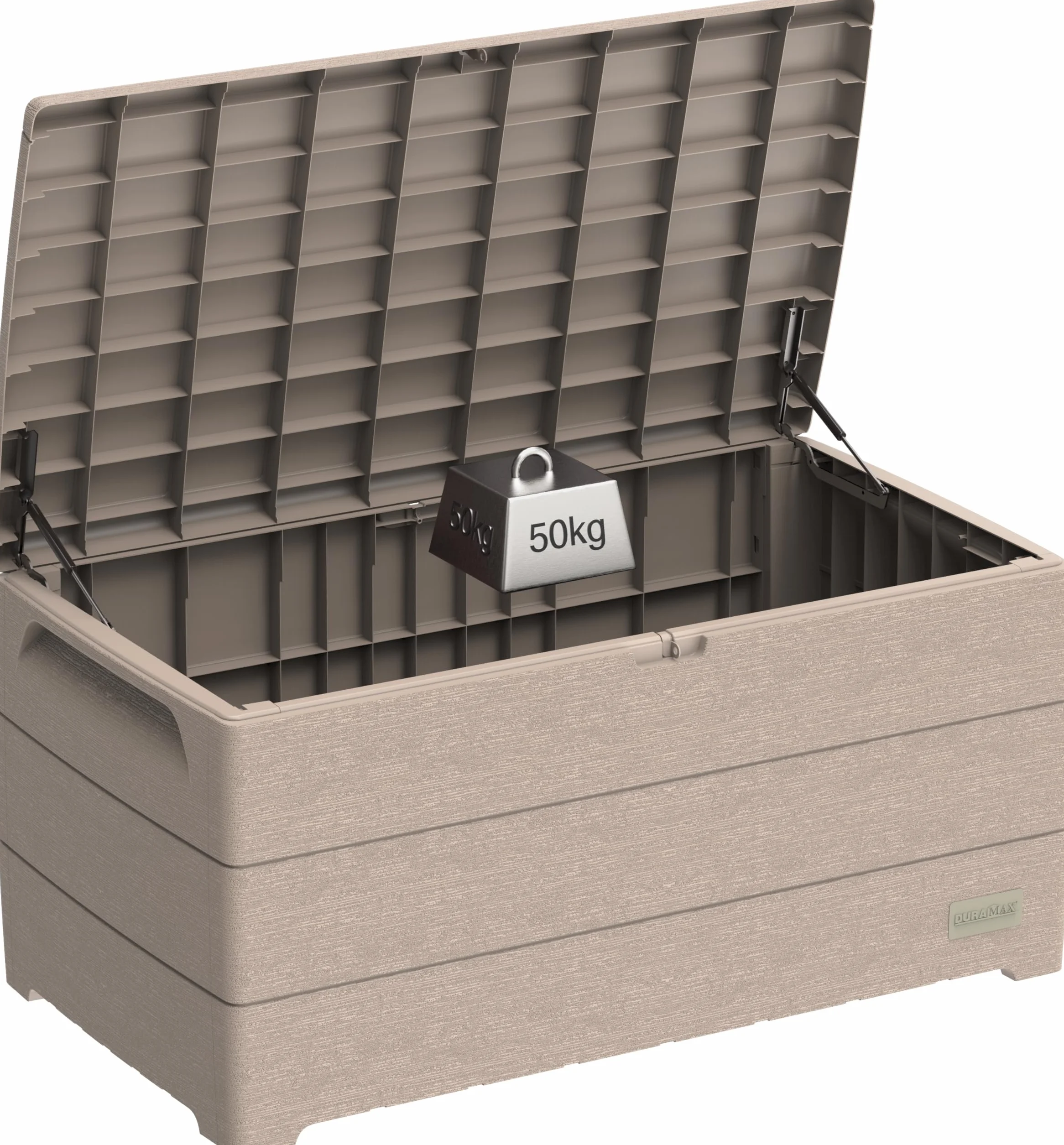 Duramax Cedargrain Durabox 270 Litri/ 71 Galloni Baule da Giardino, Cassapanca Contenitore da Esterno in plastica con ruote e maniglie, Scatole Per Esterni, Tortora caldo, 55.7 x 45.3 x 117.2 cm