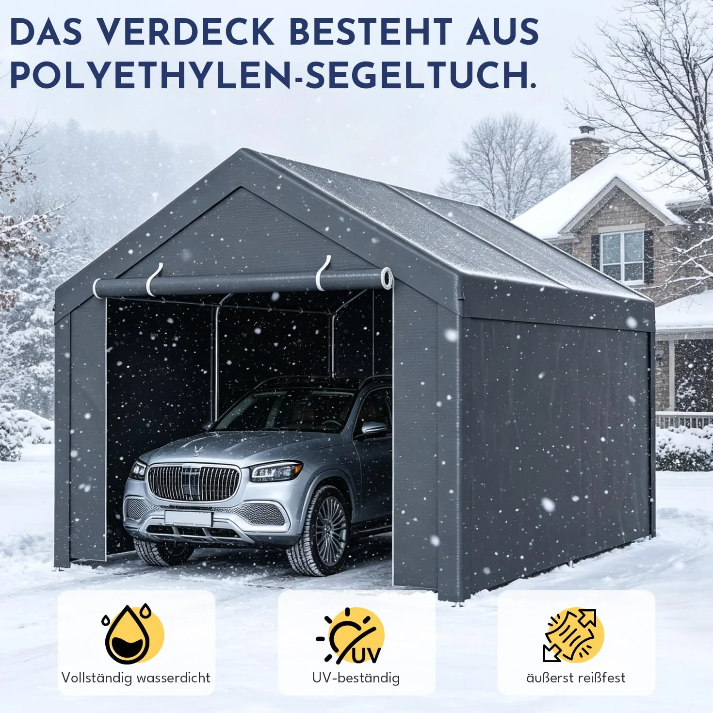 Tenda da garage con telone in PE resistente alle intemperie, impermeabile, con 2 pareti laterali e 10 picchetti, protezione UV, per auto, SUV, barca, 3 x 4 m