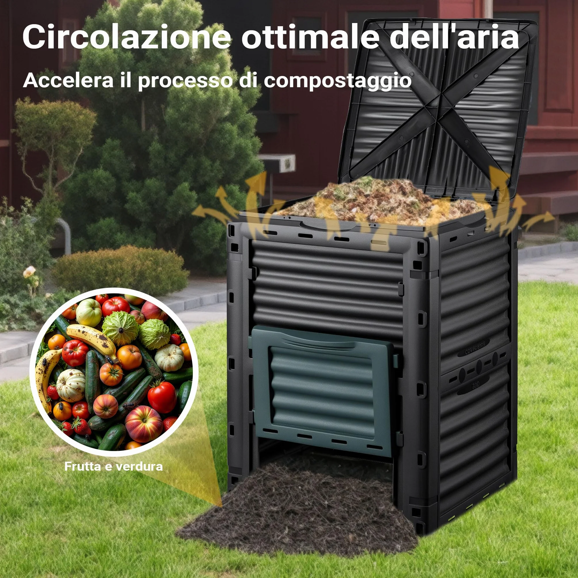Wiltec Compostiera da 300 litri 61 x 61 x 82 cm, plastica giardino con coperchio e sportello