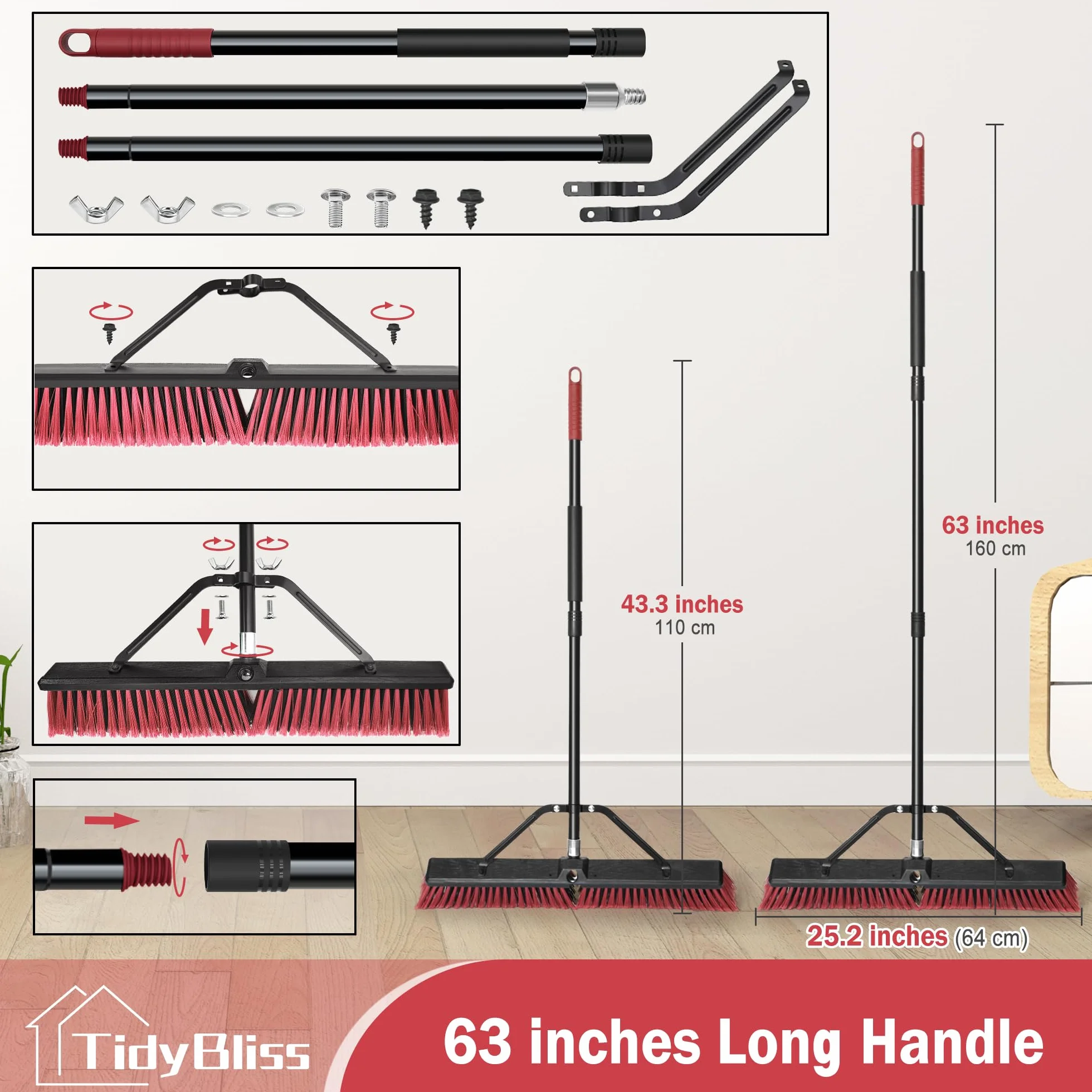 TidyBliss Scopa da Esterno Resistente da 60 cm, Spazzolone per Pavimenti Esterni con Setole Rigide e Manico Lungo 160 cm per Garage, Giardino, Cortile, Terrazza, Strada, Magazzino, Vialetto (Rosso)